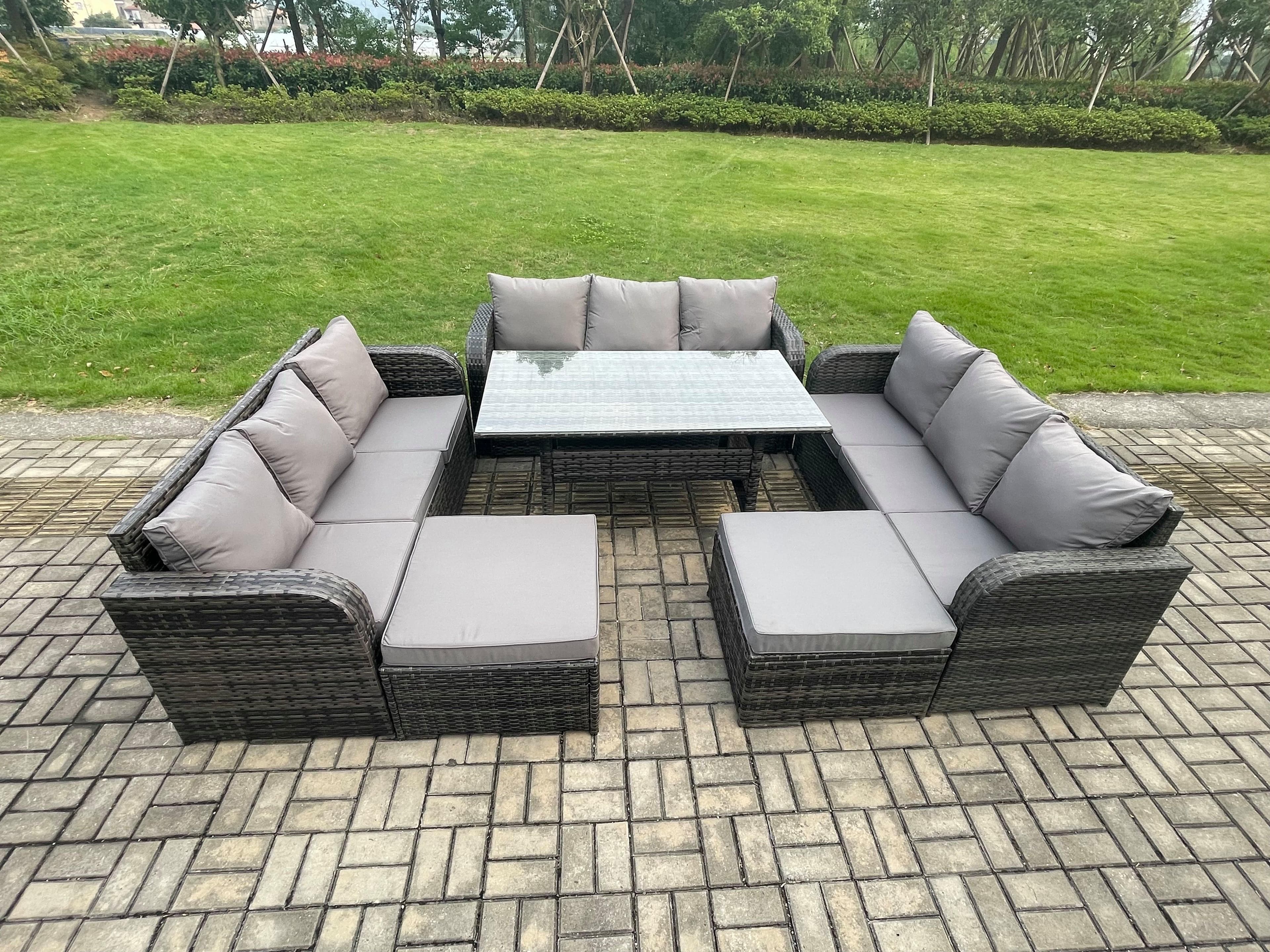 Patio Rattan Garden Furniture Set Oblong Rectangular Dining Table 11 Seater Outdoor Lounge Sofa Set Dark Grey Mixed