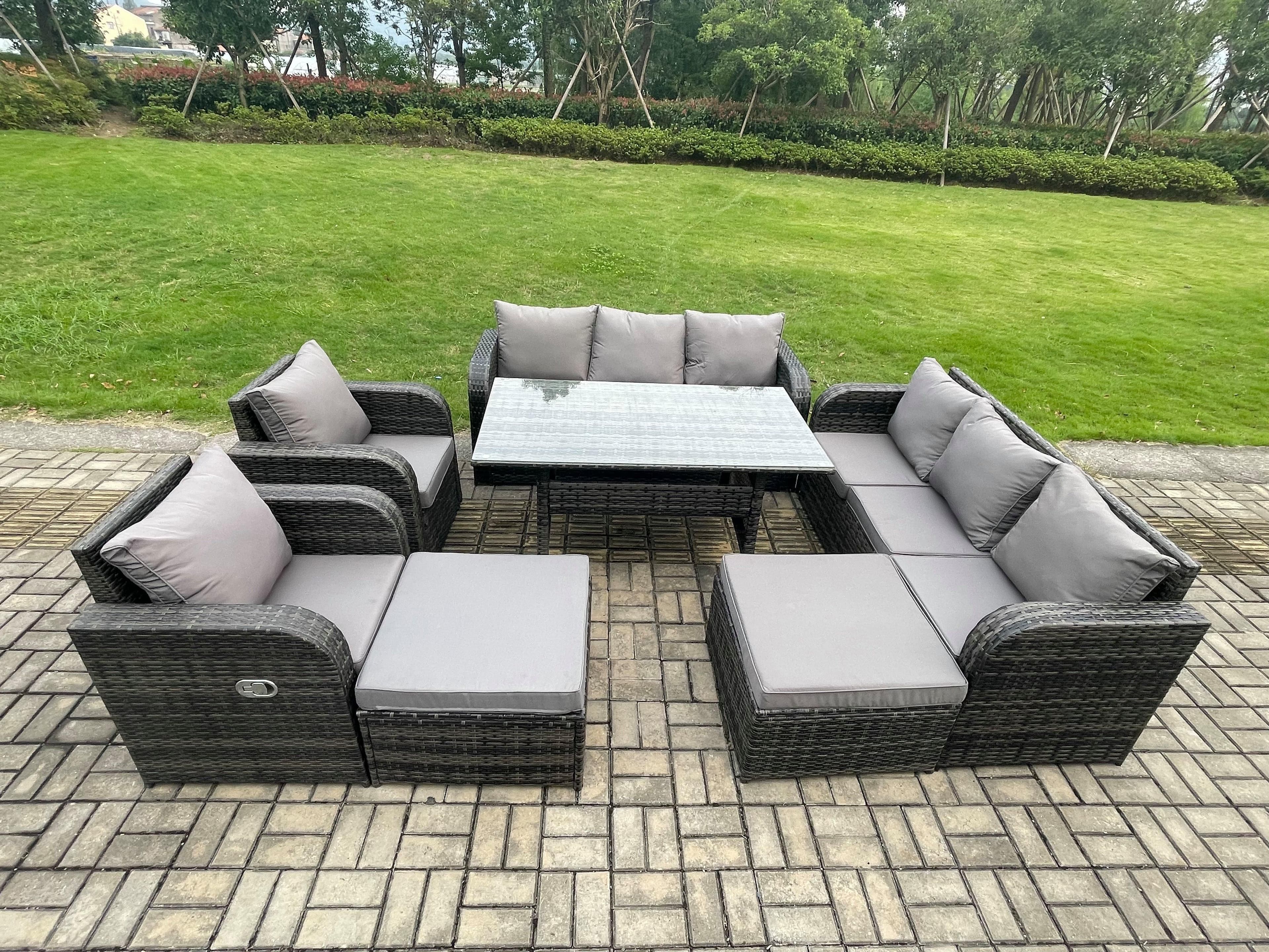 Patio Rattan Garden Furniture Set Oblong Rectangular Dining Table 10 Seater Outdoor Lounge Sofa Set Dark Grey Mixed