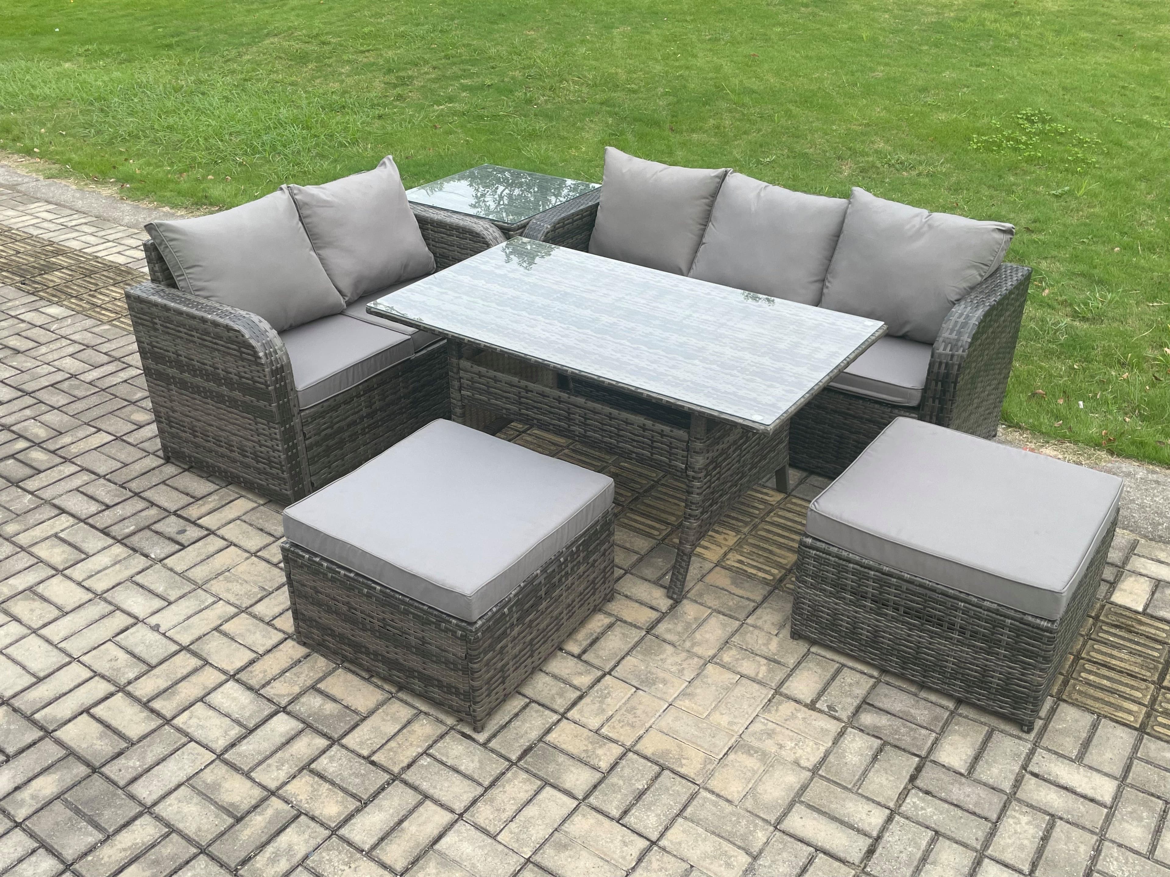 Patio Rattan Garden Furniture Set Oblong Rectangular Dining Table 2 Big Footstool Side Table 7 Seater Outdoor Lounge Sofa Set