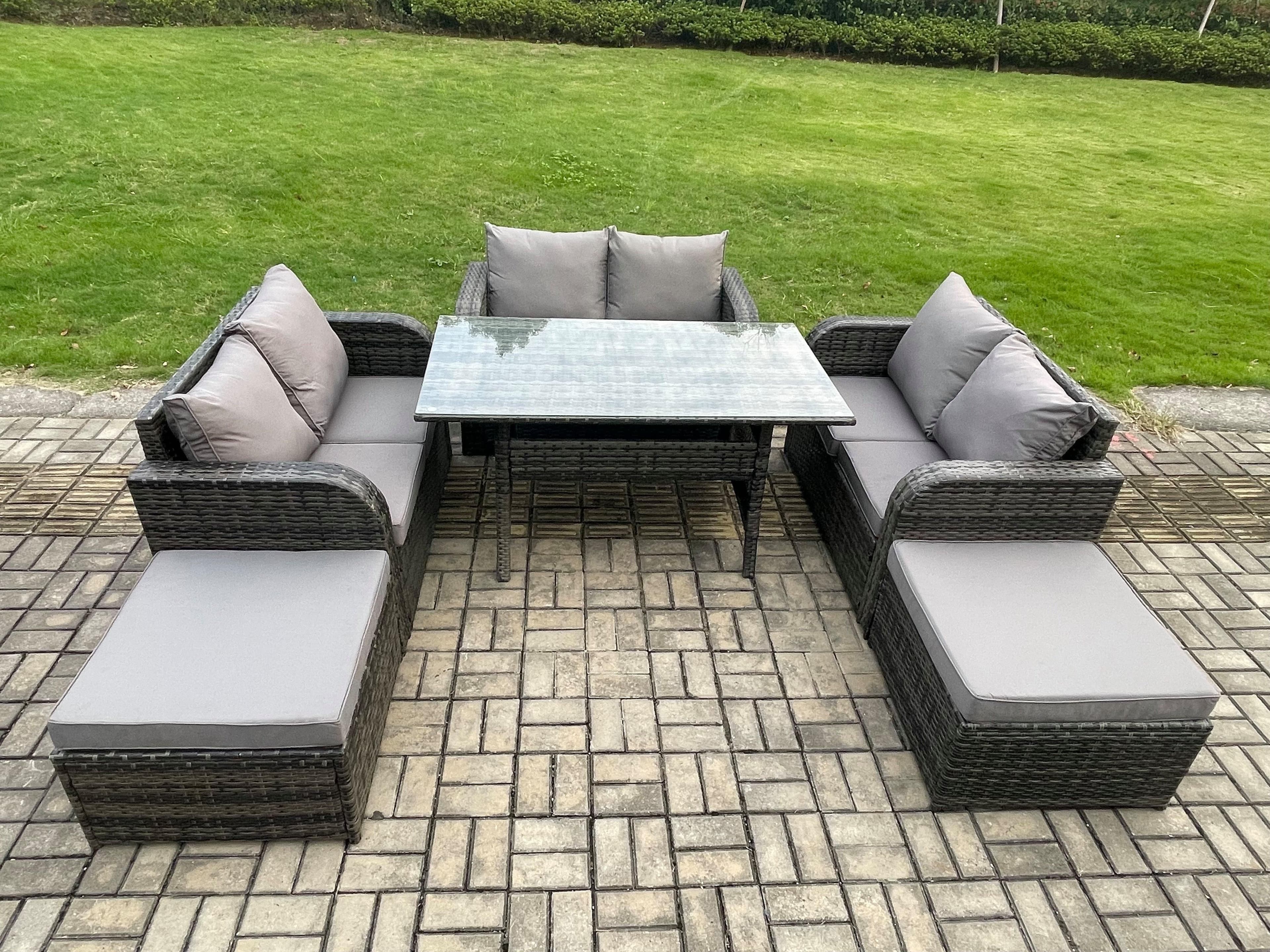 Patio Rattan Garden Furniture Set Oblong Rectangular Dining Table 2 Big Footstool 8 Seater Outdoor Lounge Loveseat Sofa Set