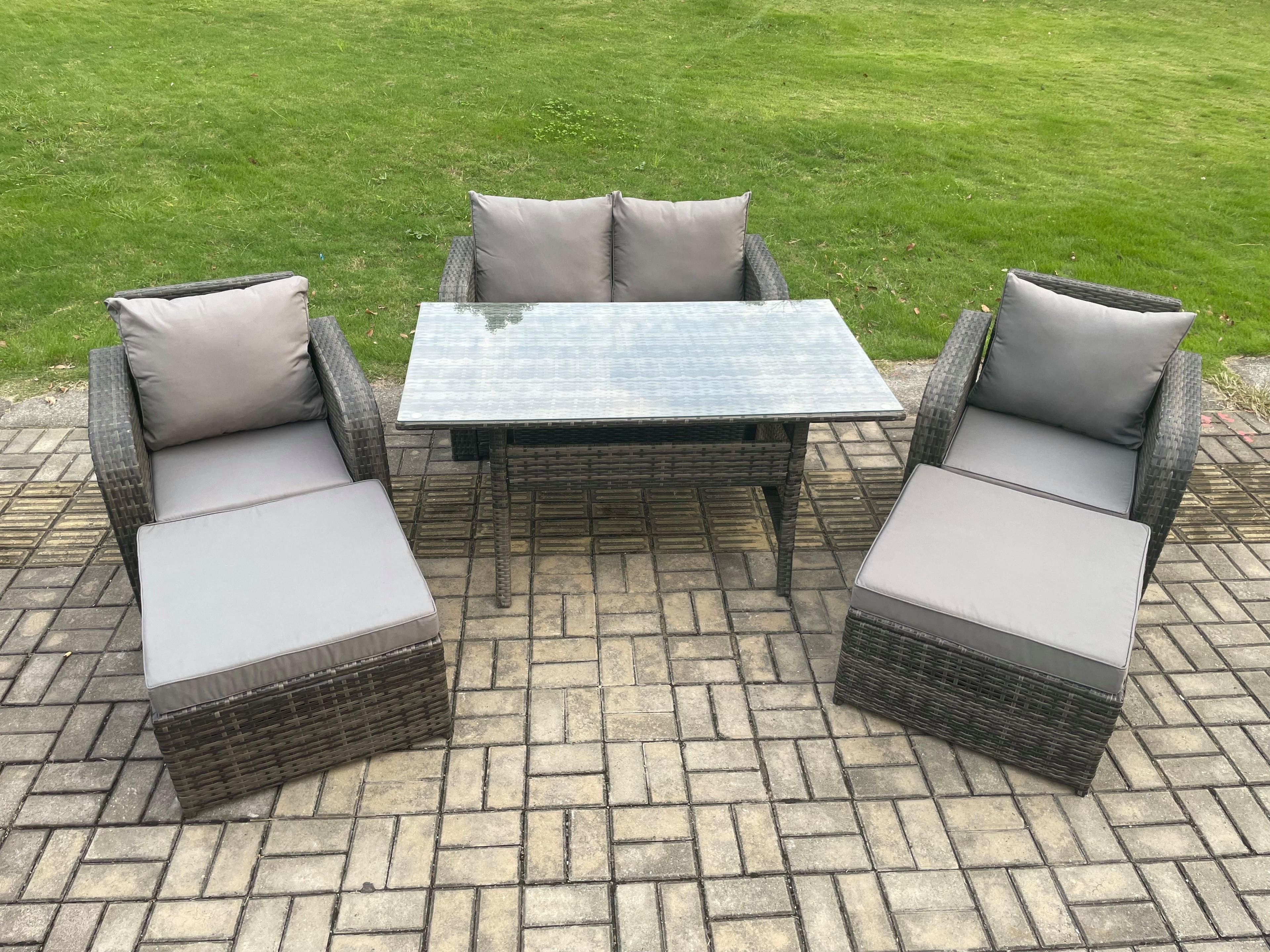 Patio Rattan Garden Furniture Set Oblong Rectangular Dining Table 2 Big Footstool 6 Seater Outdoor Lounge Sofa Set Dark Grey Mixed
