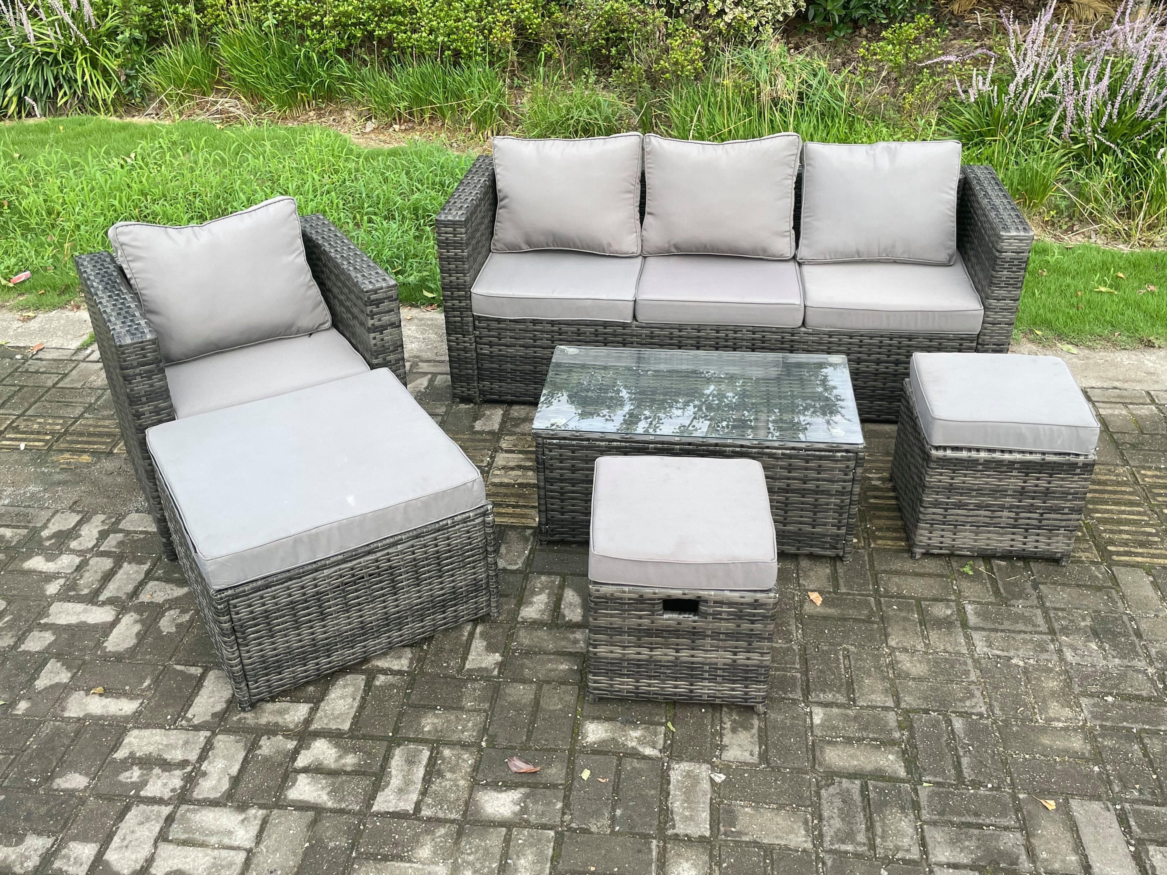Rattan Garden Furniture Set 3 Seater Sofa 3 Footstools Indoor Outdoor Patio Lounge Sofa Set Dark Grey