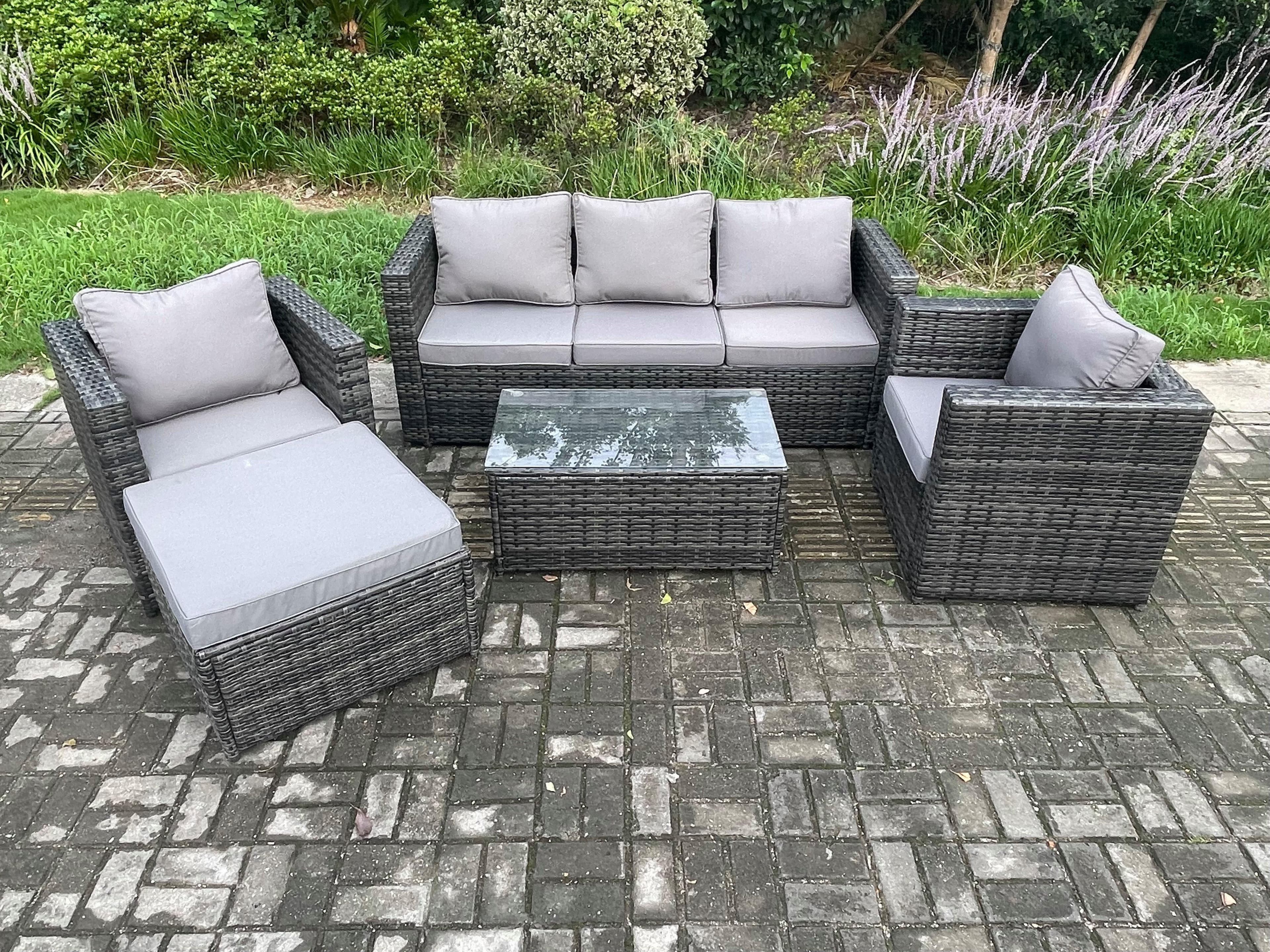 Rattan Garden Furniture Set Coffee Table 2 Armchairs Big Footstool Indoor Outdoor Patio Lounge Sofa Set