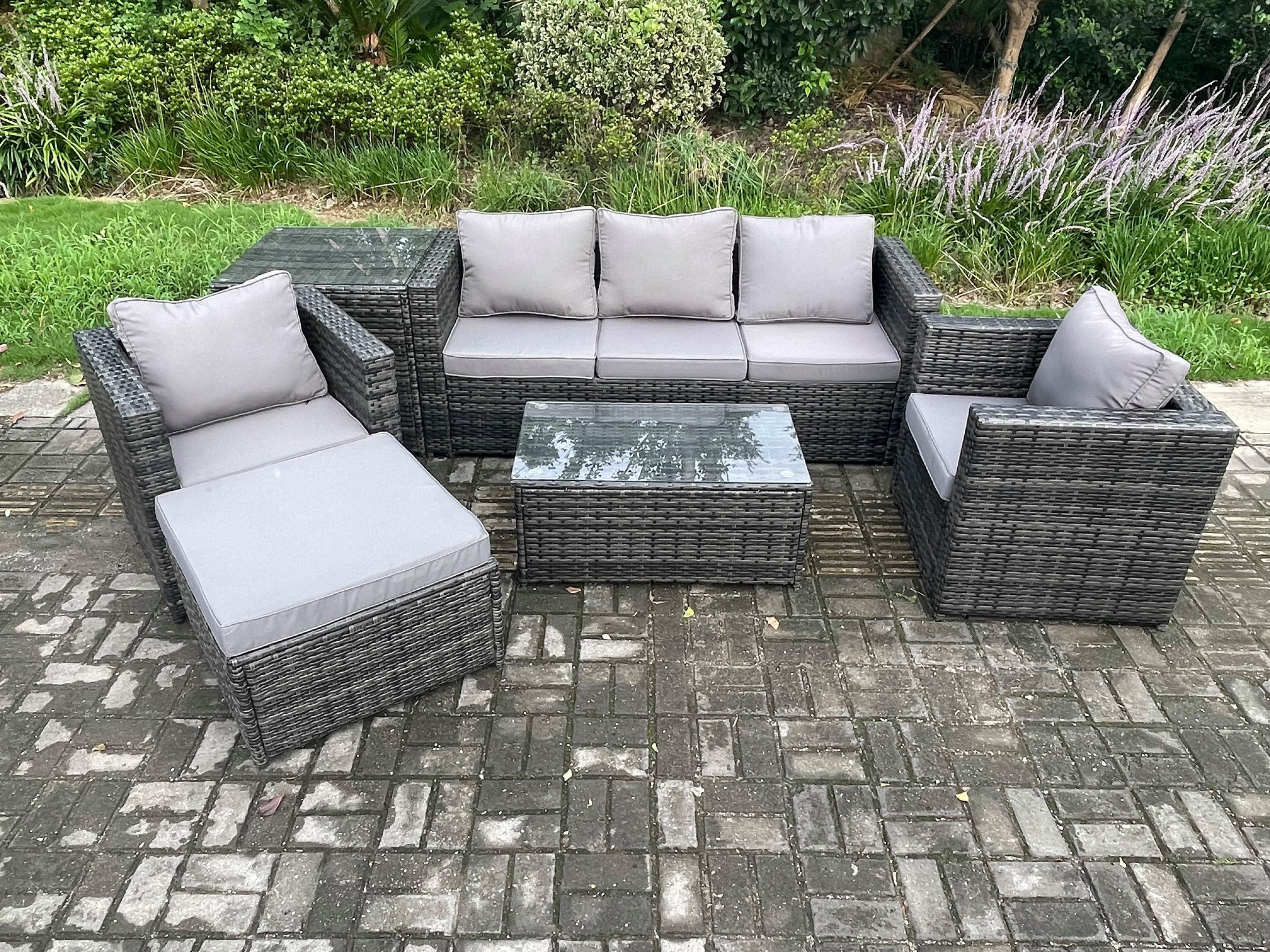 Rattan Garden Furniture Set 3 Seater Sofa Coffee Table Outdoor Patio Lounge Sofa Set Dark Grey Mixed