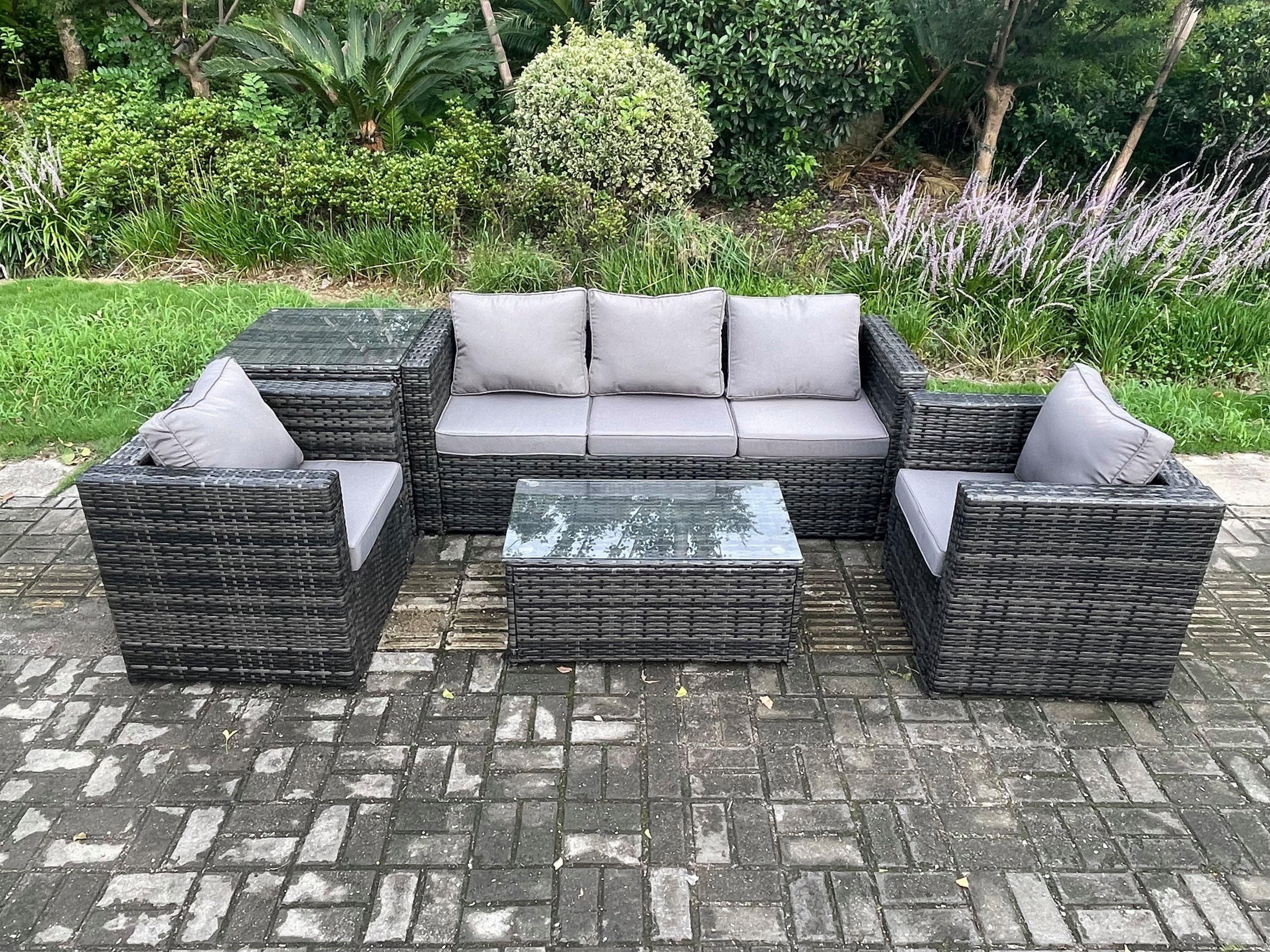 Rattan Garden Furniture Set Coffee Table Side Table 2 Armchairs Indoor Outdoor Patio Lounge Sofa Set