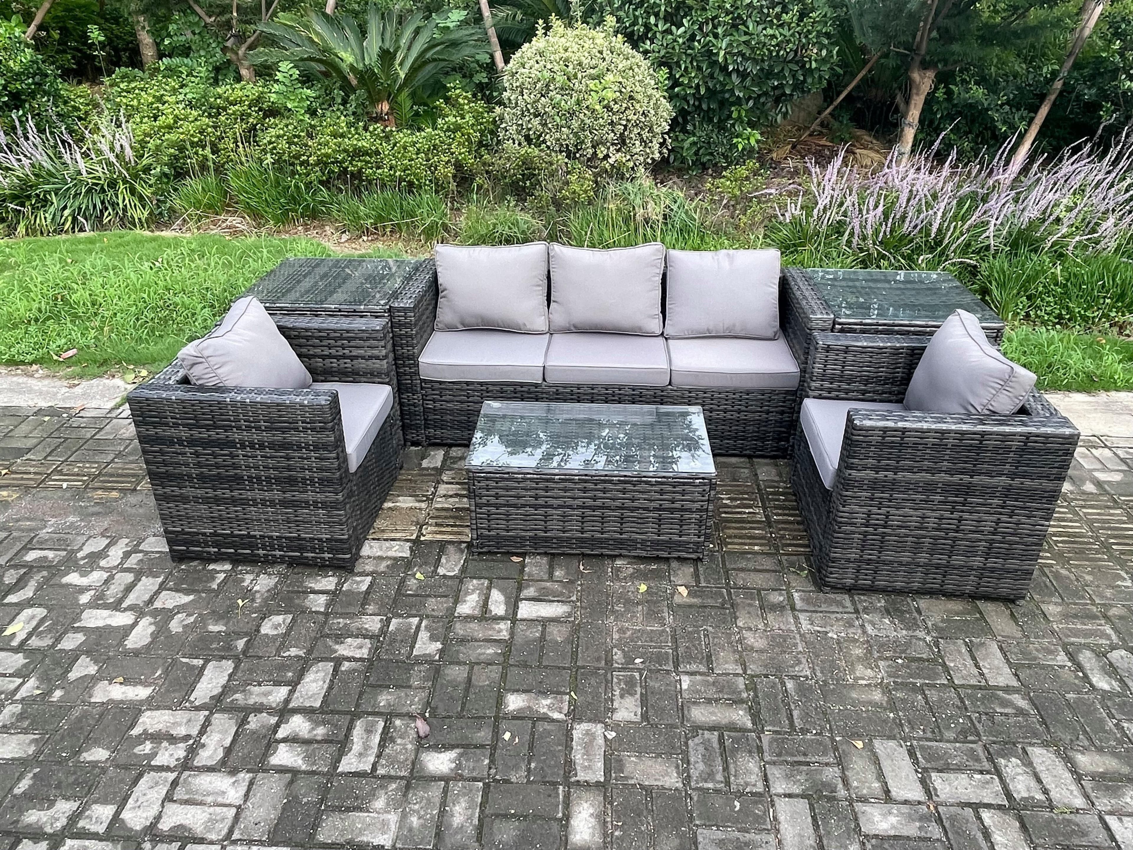 Rattan Garden Furniture Set 3 Seater Sofa Coffee Table 2 Side Tables Indoor Outdoor Patio Lounge Sofa Set