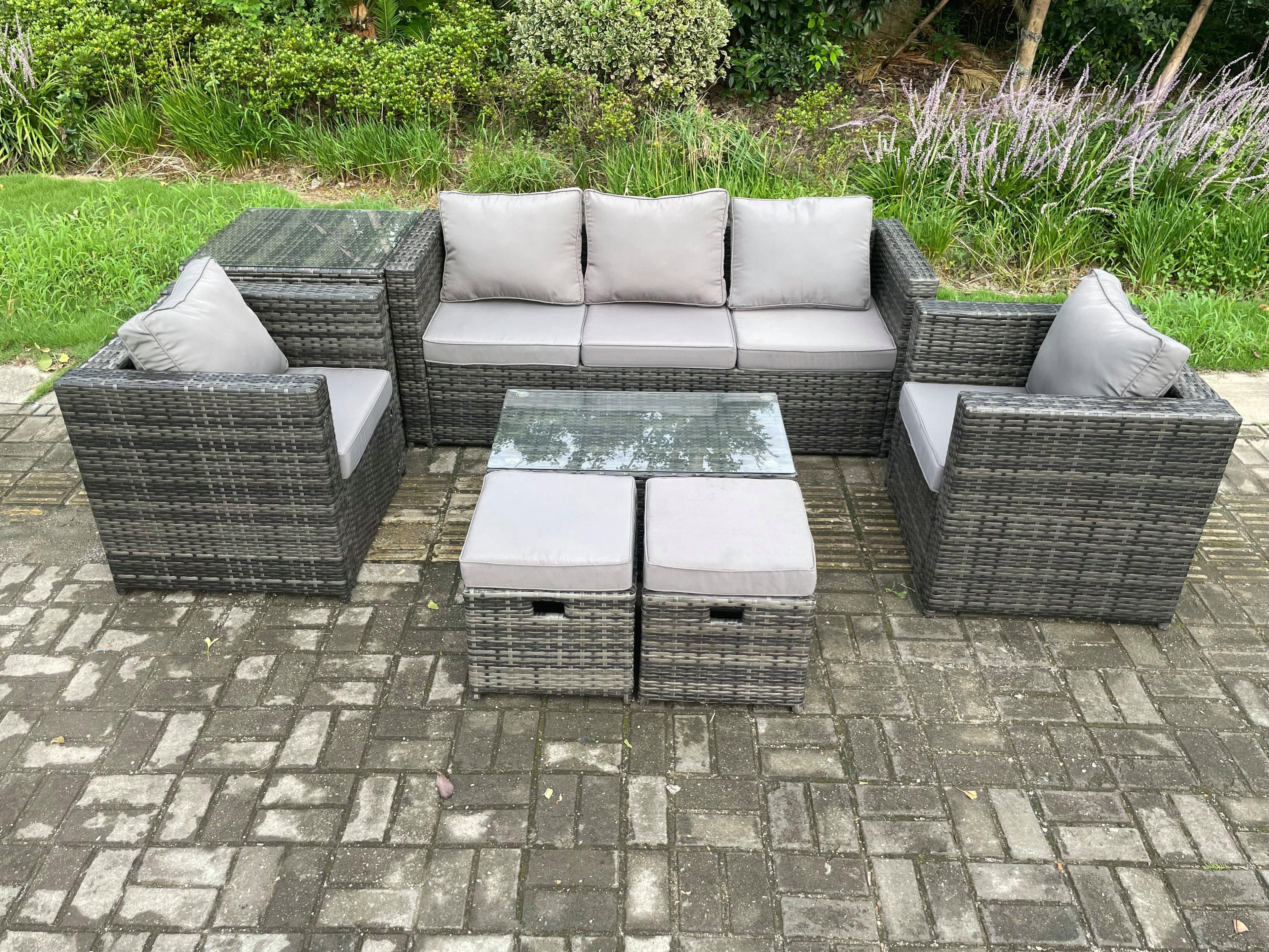 Rattan Garden Furniture Set 3 Seater Sofa Coffee Table Side Table 2 Armchairs 2 Small Footstools