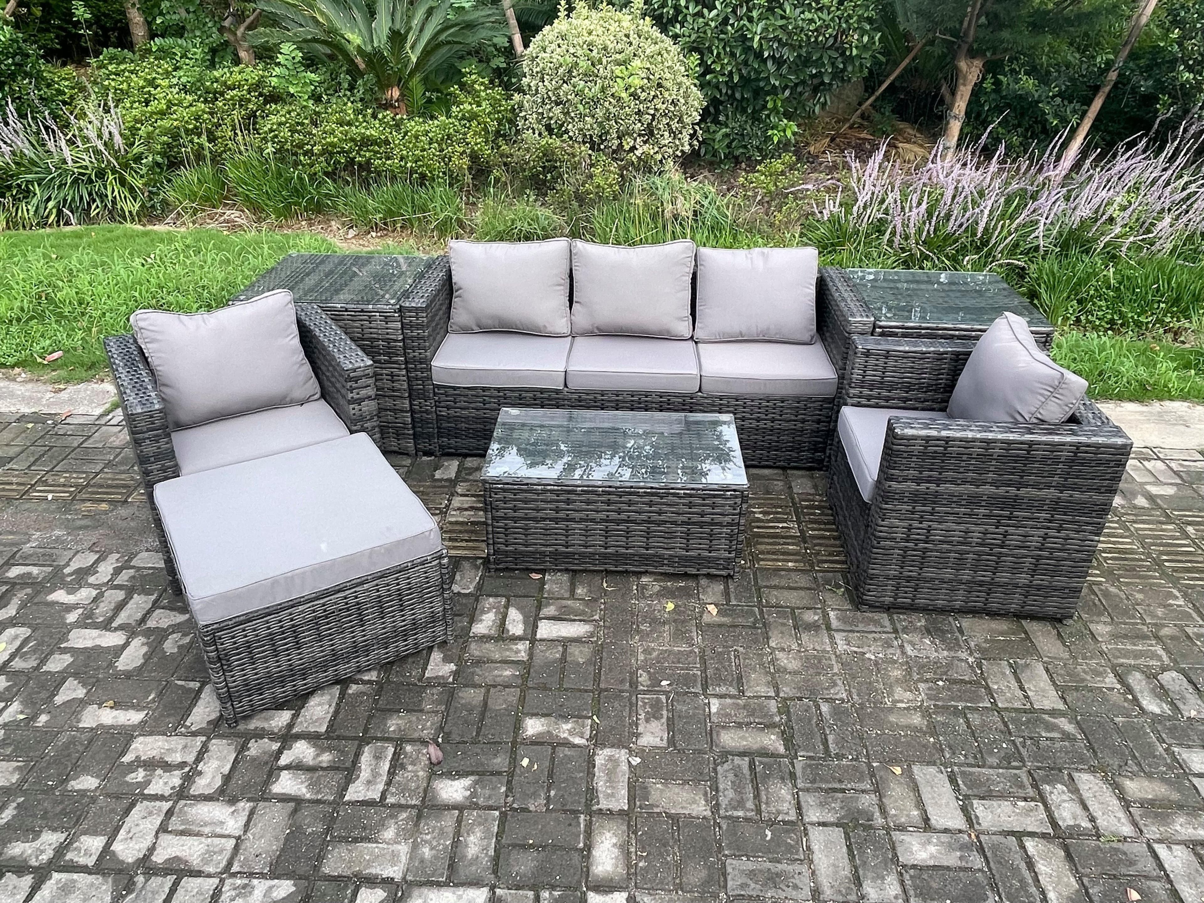 Outdoor Rattan Garden Furniture Set 3 Seater Sofa Coffee Table 2 Side Tables 2 Armchairs Big Footstool