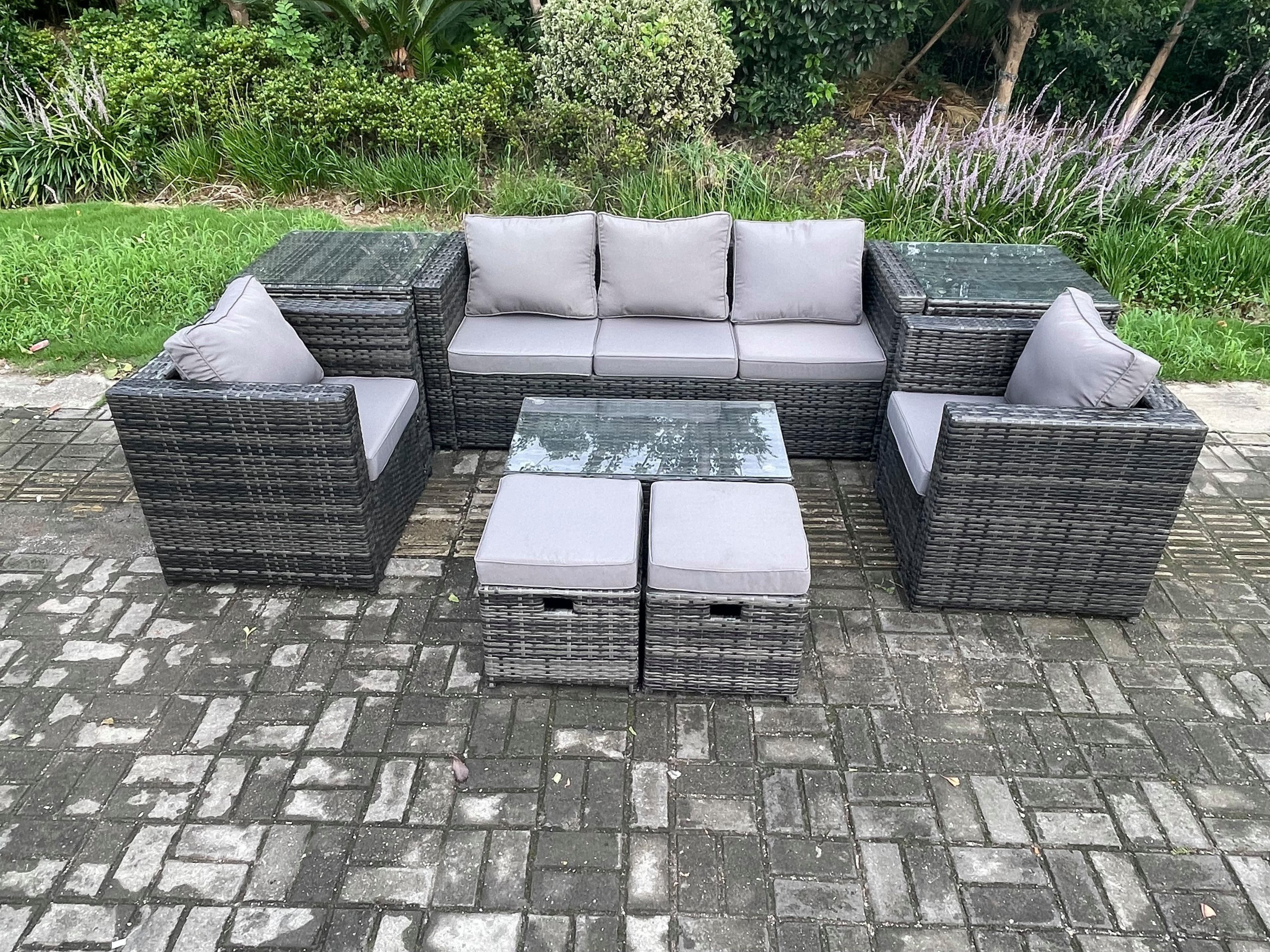 Outdoor Rattan Garden Furniture Set 3 Seater Sofa Coffee Table 2 Side Tables 2 Armchairs 2 Small Footstool