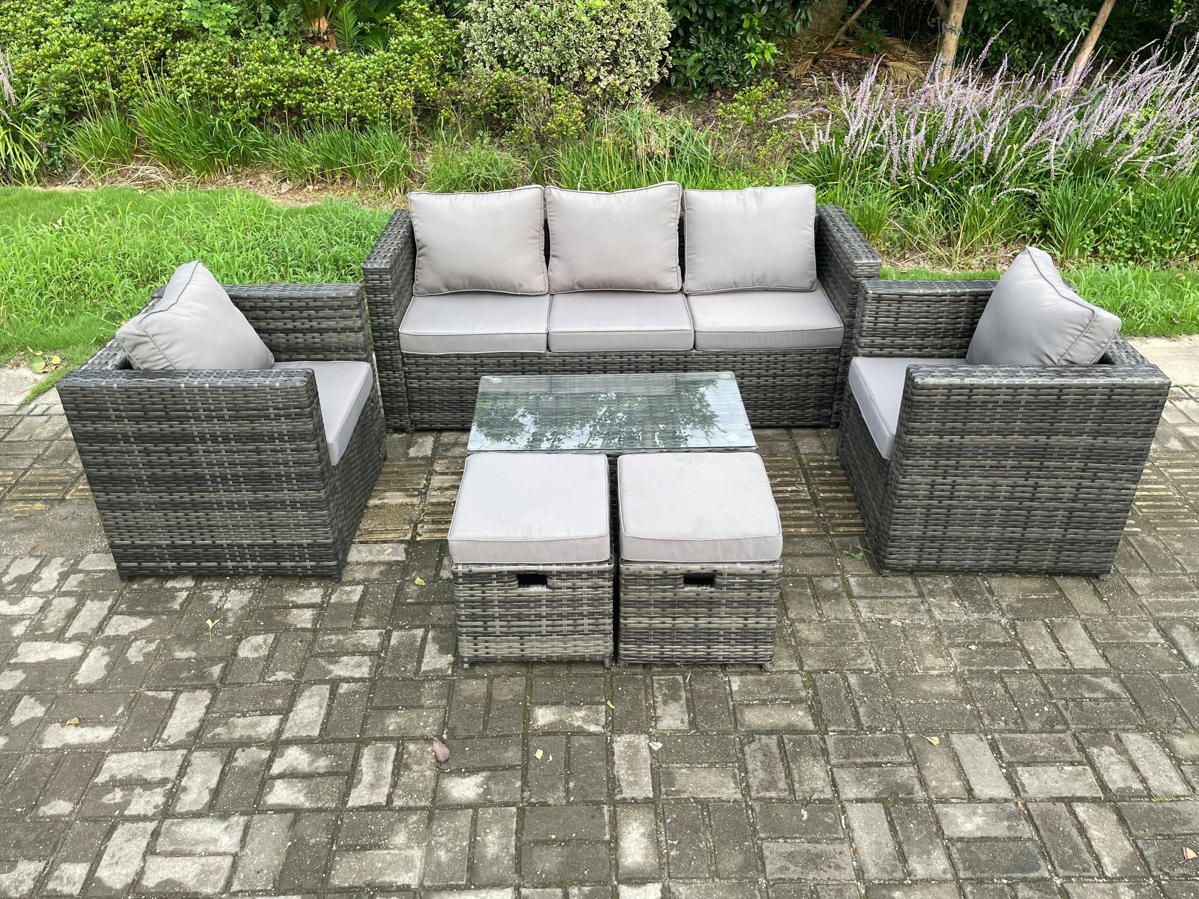 Outdoor Rattan Garden Furniture Set 3 Seater Sofa Coffee Table 2 Armchairs 2 Small Footstool