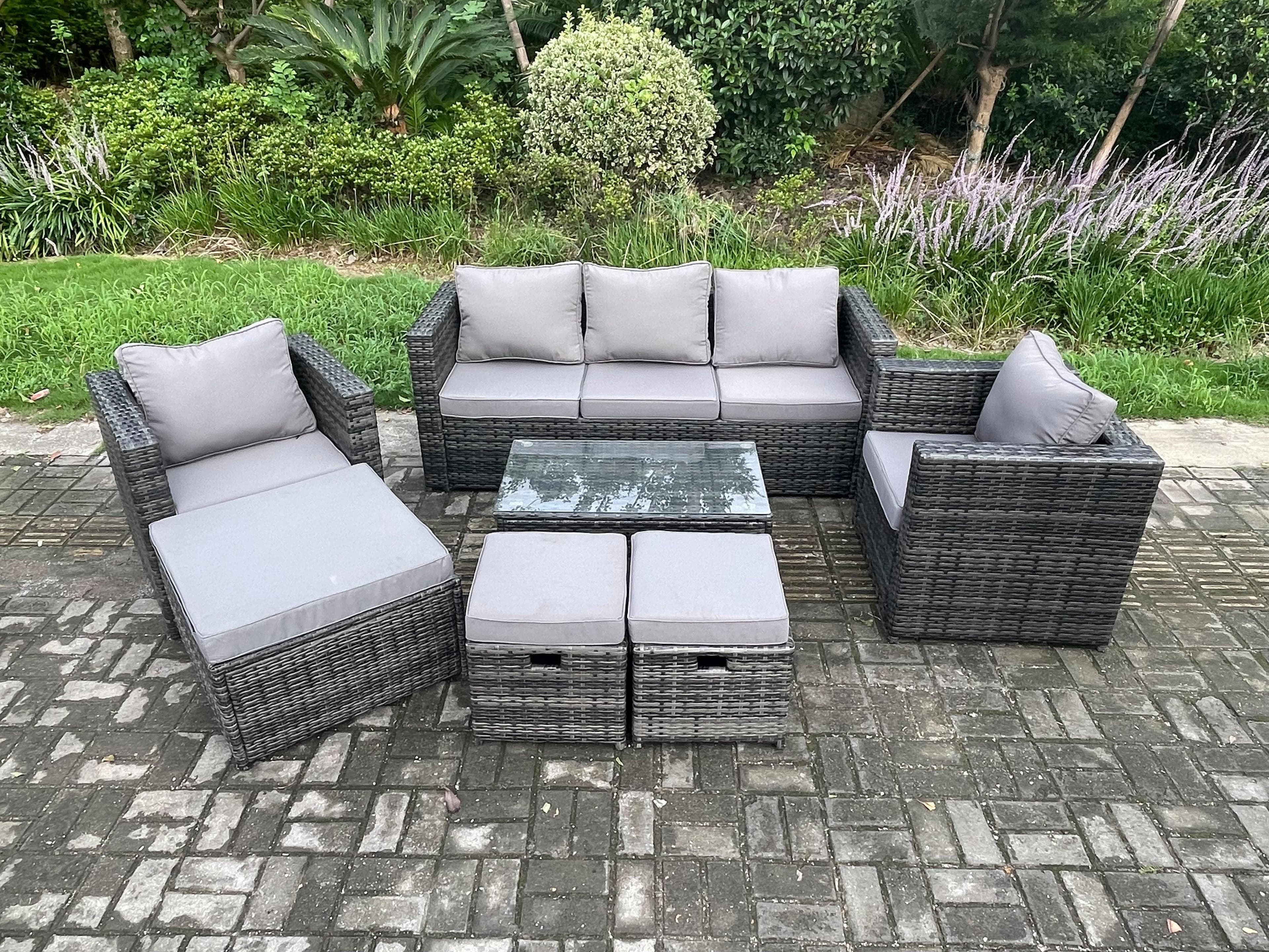 Outdoor Rattan Garden Furniture Set 3 Seater Sofa Coffee Table 2 Armchairs 3 Footstools Patio Lounge Sofa Set