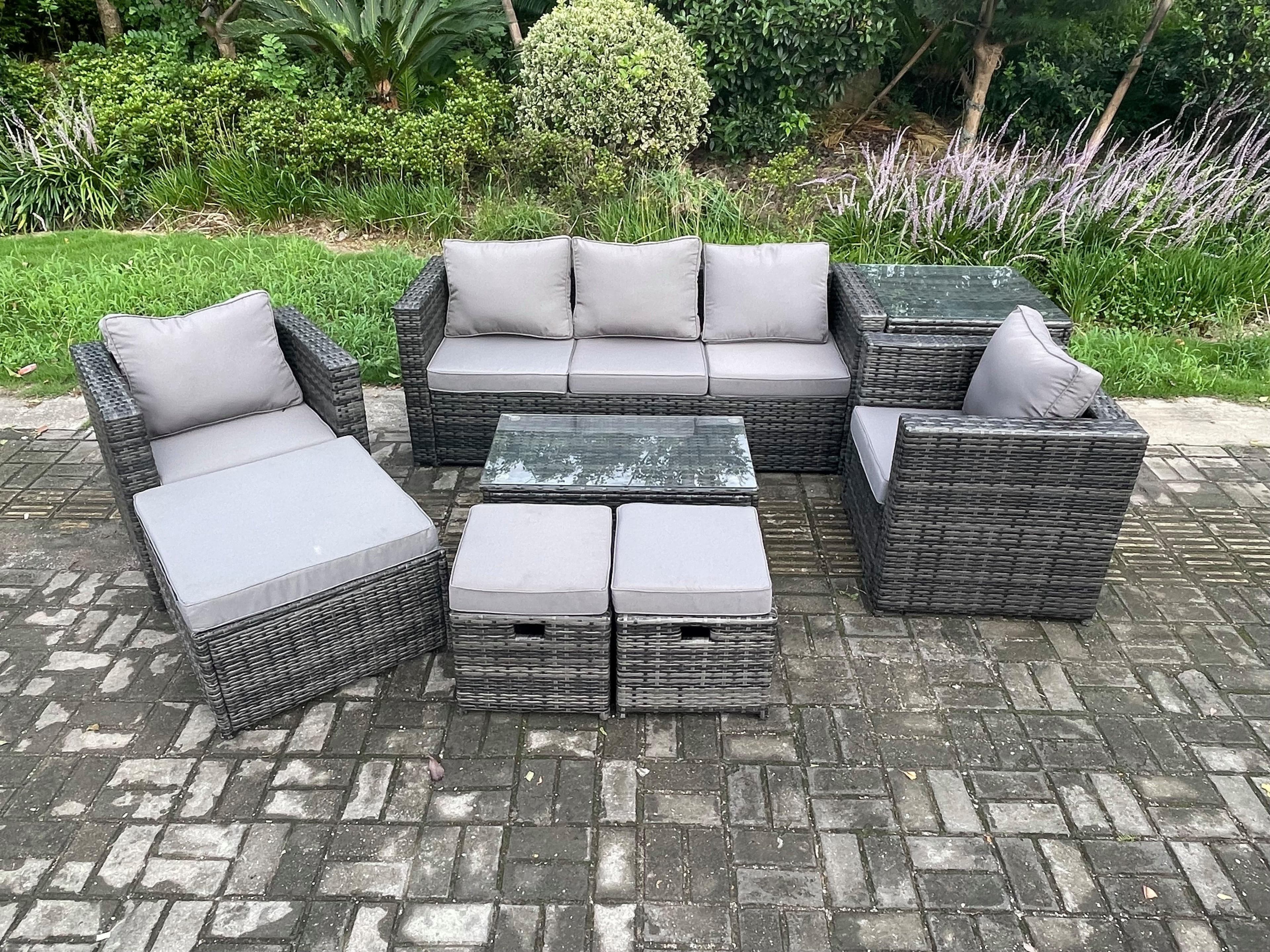 Outdoor Rattan Garden Furniture Set 3 Seater Sofa Coffee Table Side Table 2 Armchairs 3 Footstools