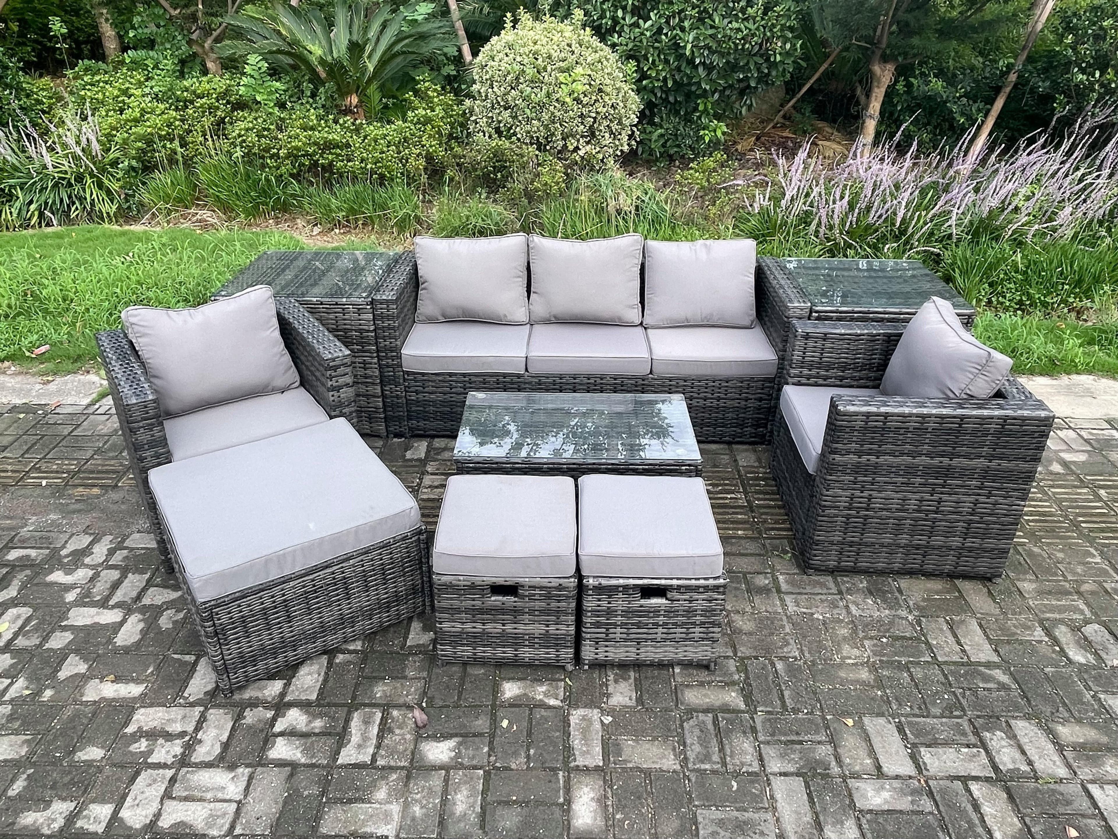8 Seater Rattan Garden Furniture Set Outdoor Patio Sofa Set 2 Armchairs 2 Side Tables Oblong Table 3 Footstools