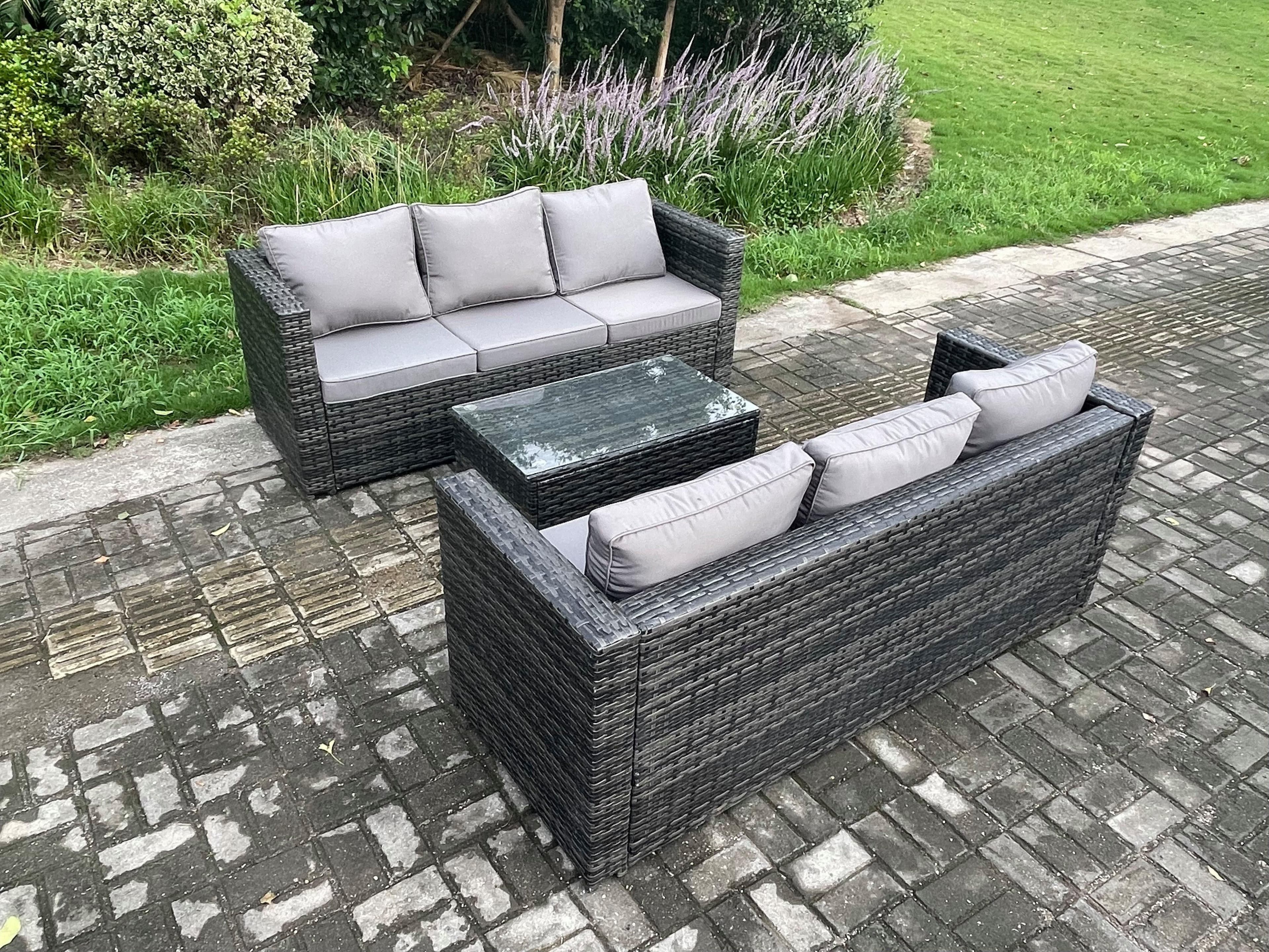 6 Seater Rattan Garden Furniture Set Outdoor Patio Sofa Set Oblong Table Dark Grey Mixed