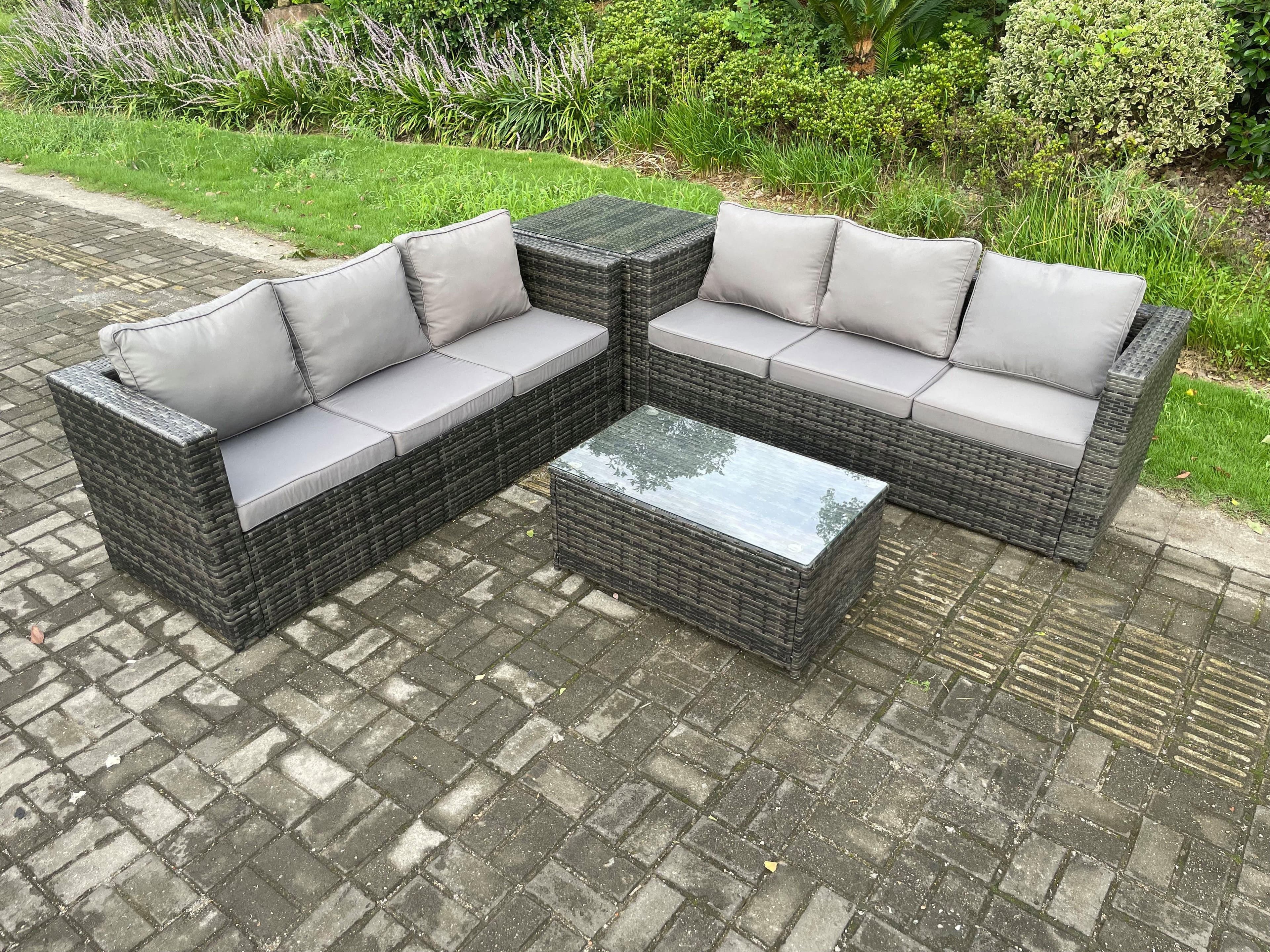 6 Seater Rattan Garden Furniture Set Outdoor Patio Sofa Set Oblong Coffee Table Side Table Dark Grey Mixed