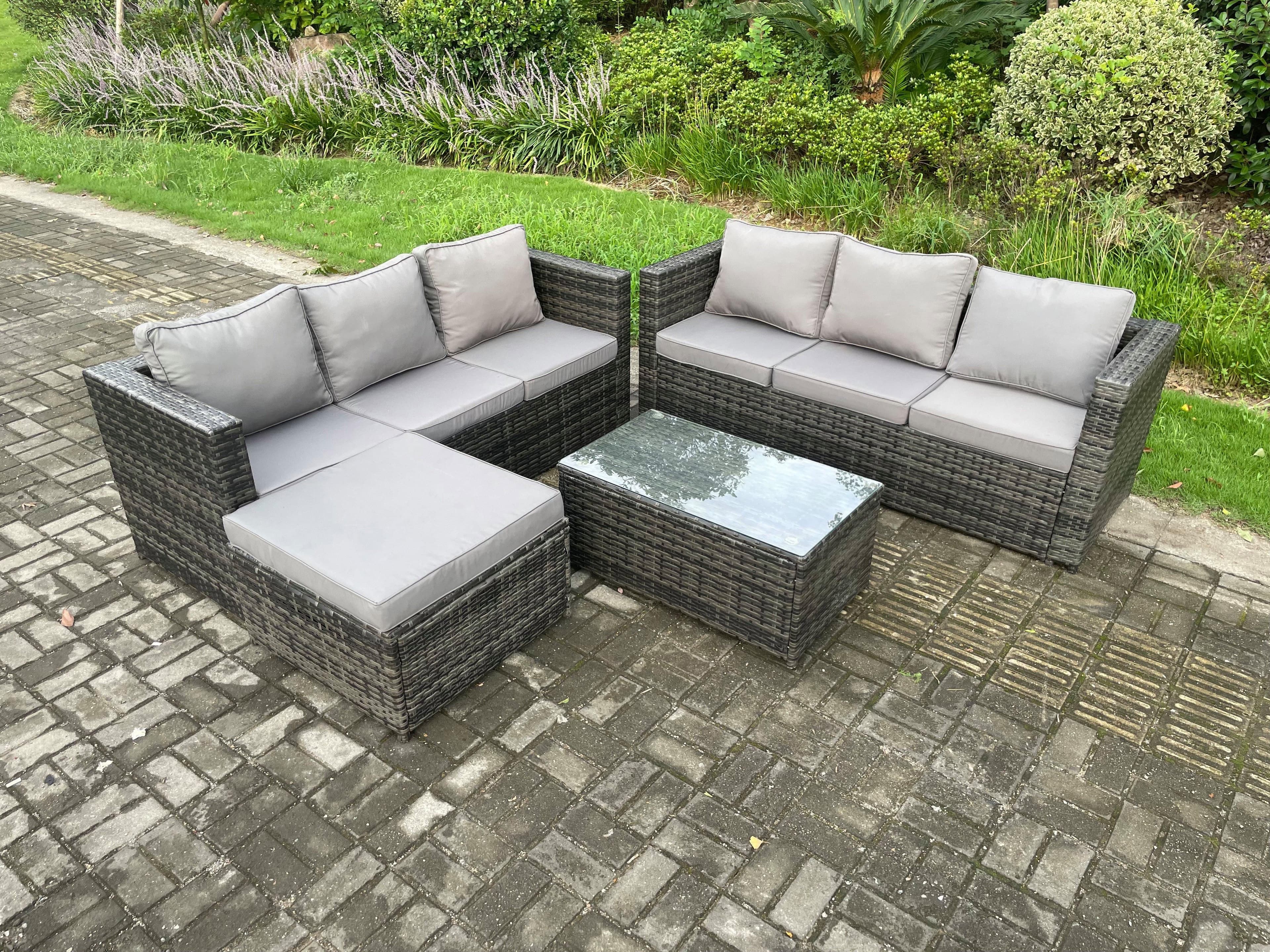 7 Seater Rattan Garden Furniture Set Outdoor Patio Sofa Set Oblong Coffee Table Big Footstool Dark Grey Mixed