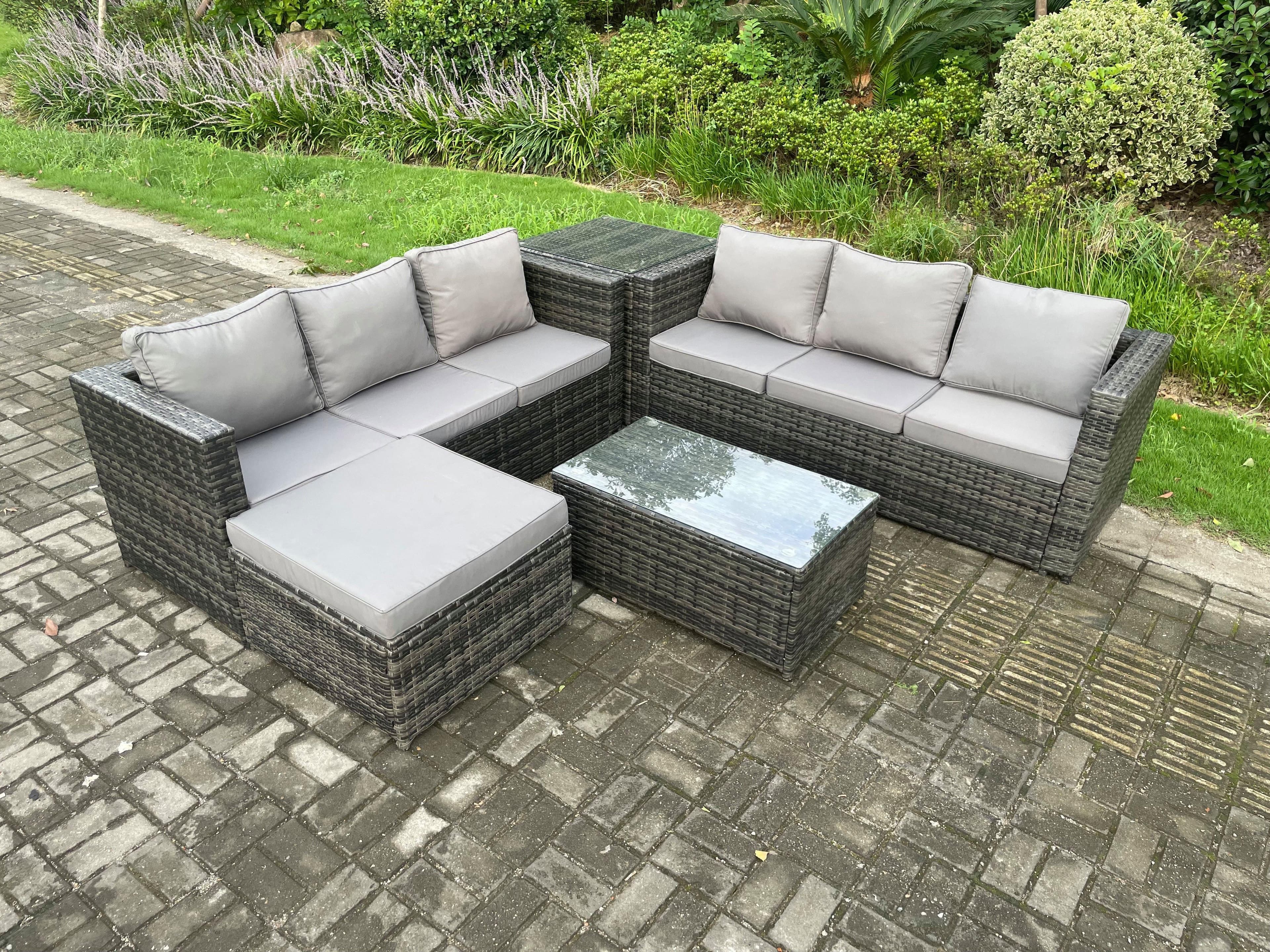 7 Seater Rattan Garden Furniture Set Outdoor Patio Sofa Set Oblong Coffee Table Side Table Big Footstool