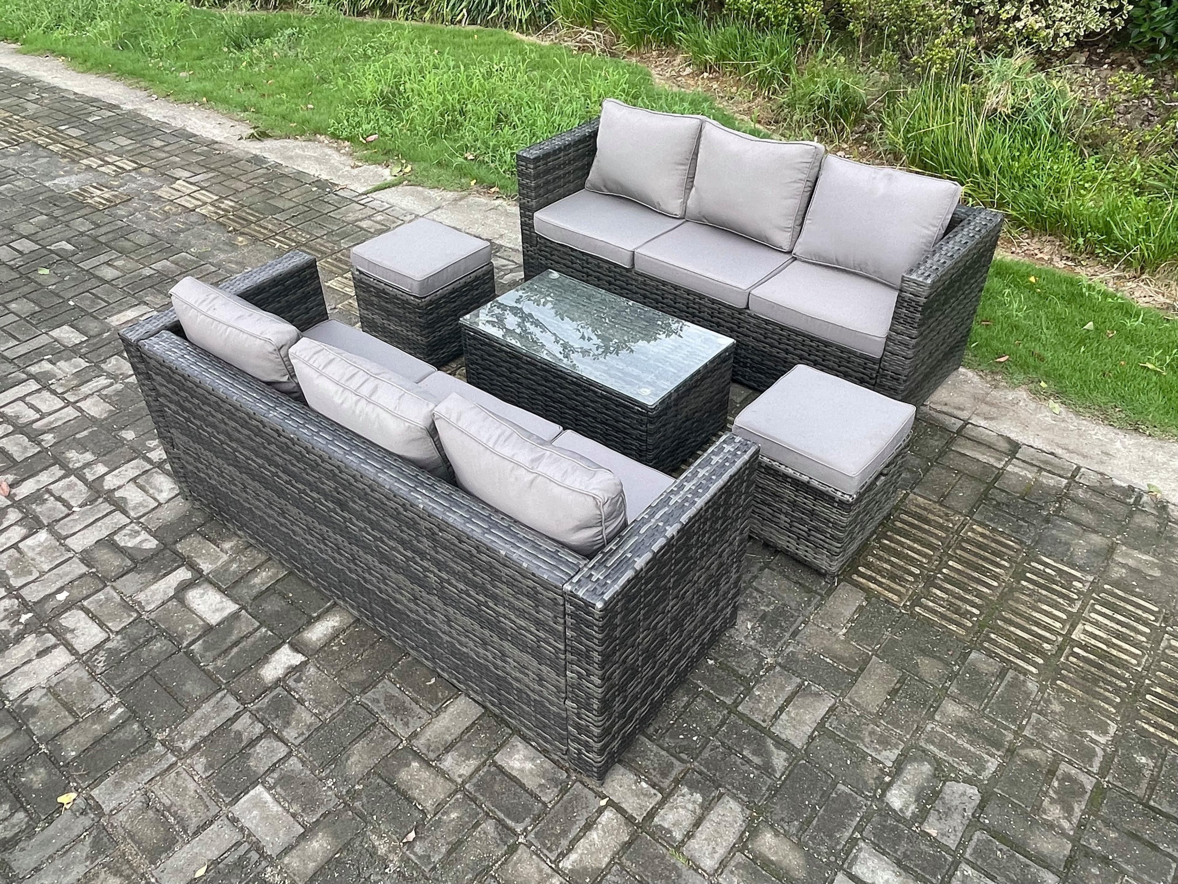 8 Seater Rattan Garden Furniture Set Outdoor Patio Sofa Set Oblong Coffee Table Small Footstools Dark Grey Mixed