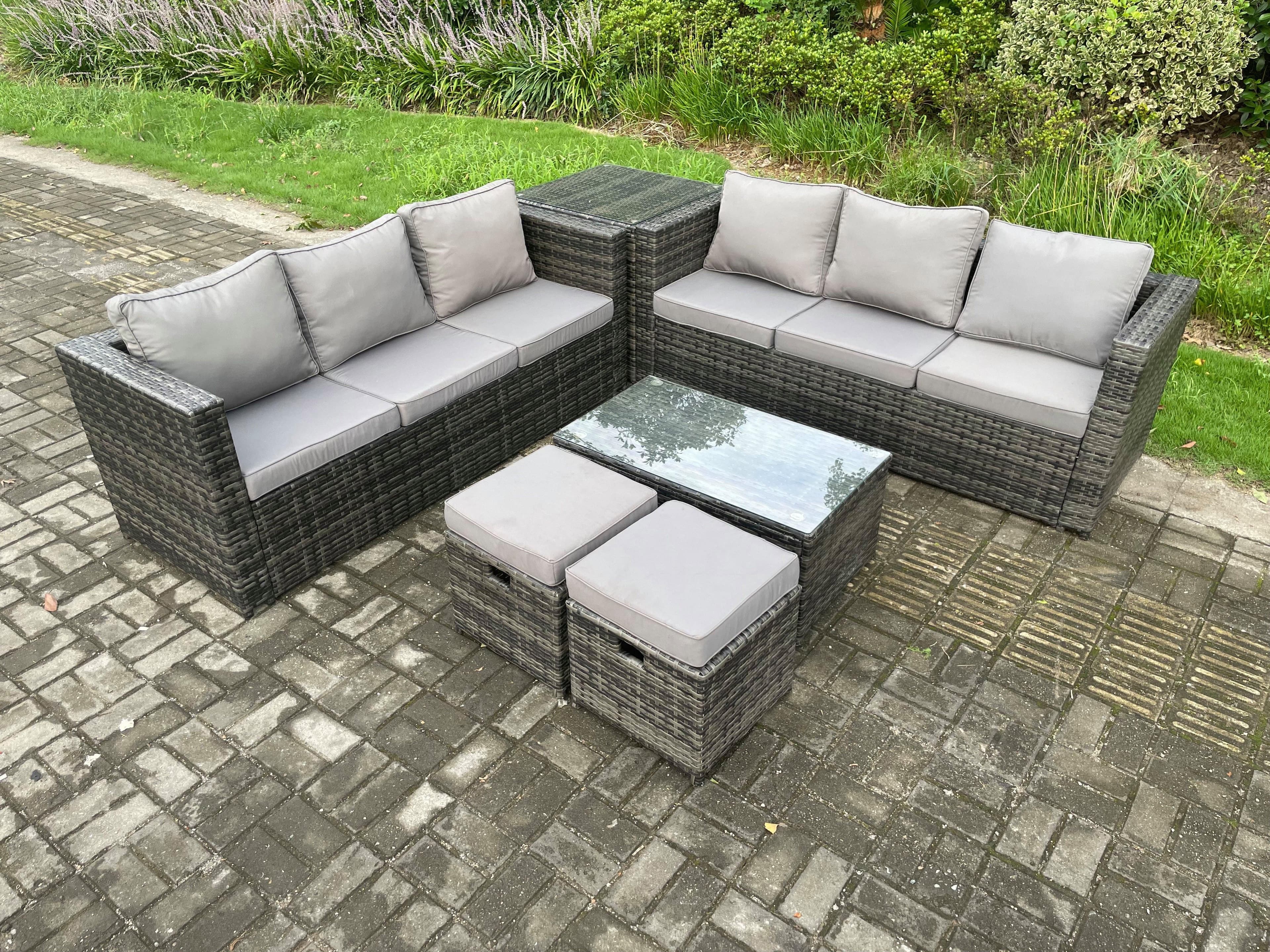 Rattan Garden Furniture Set Outdoor Patio Sofa Set Oblong Coffee Table Side Table 2 Small Footstools 8 Seater