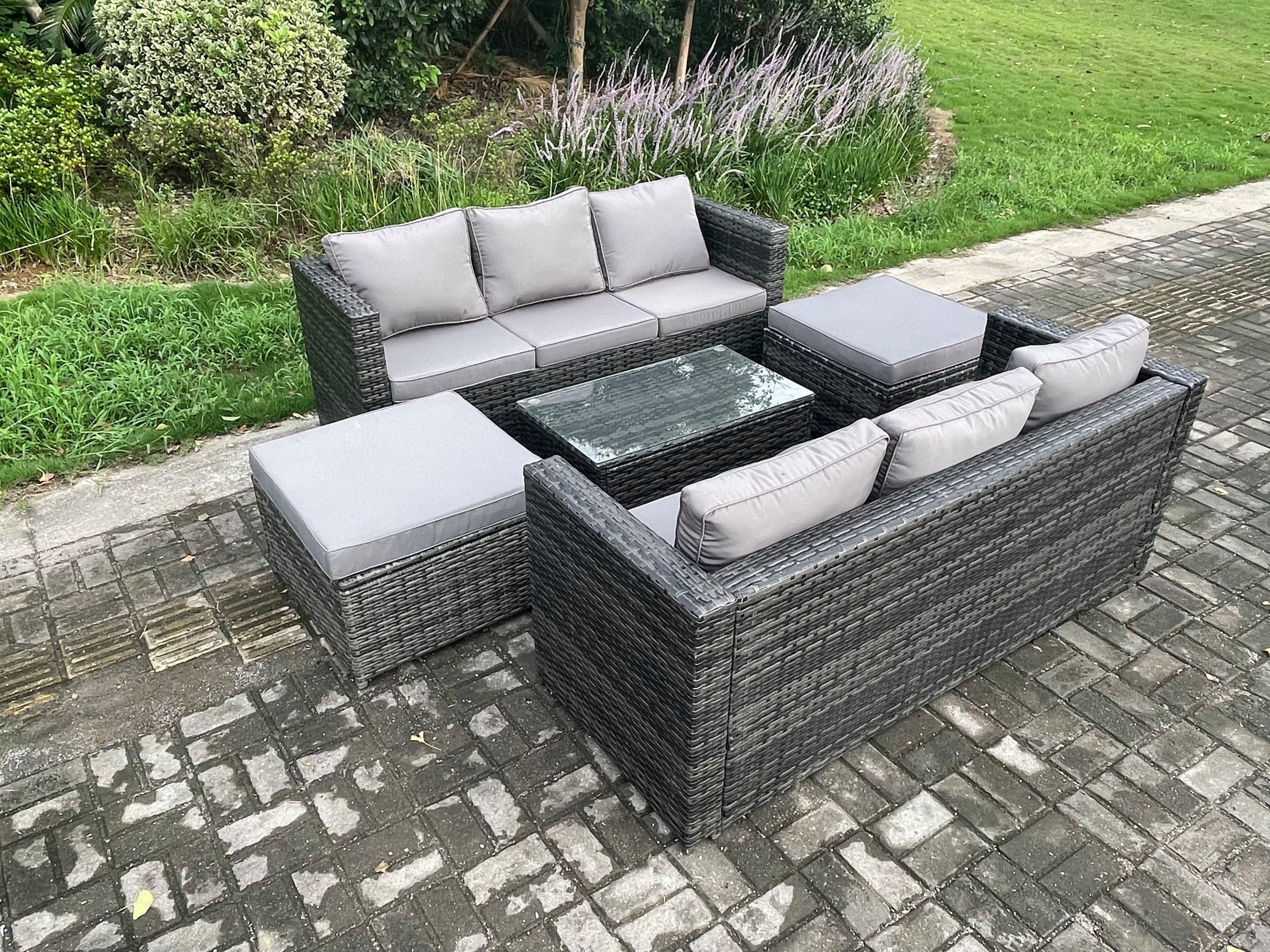 Rattan Garden Furniture Set Indoor Outdoor Patio Sofa Set Oblong Coffee Table 2 Big Footstool 8 Seater Dark Grey