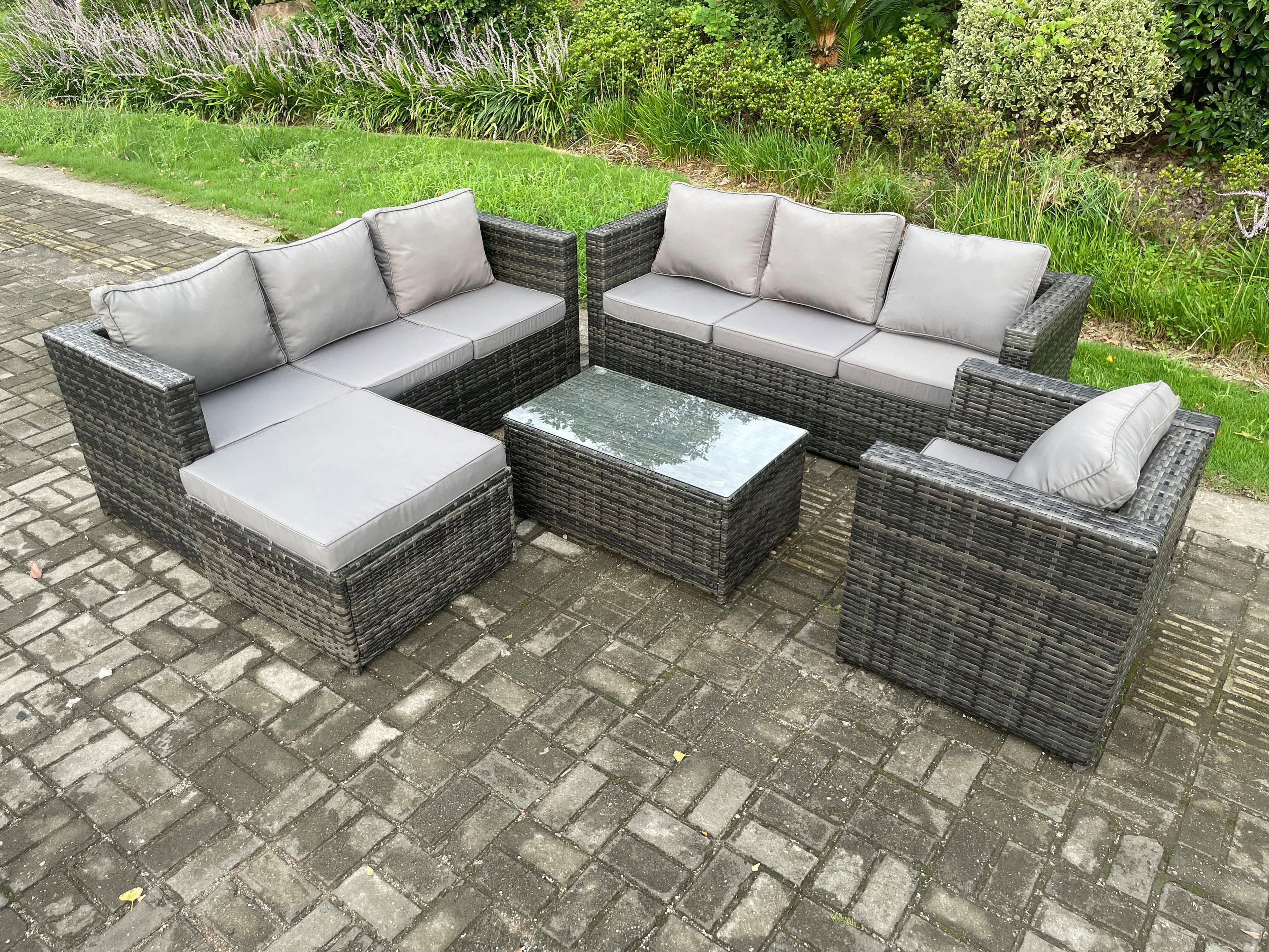 8 Seater Rattan Garden Furniture Set Indoor Outdoor Patio Sofa Set Oblong Coffee Table Armchair Big Footstool