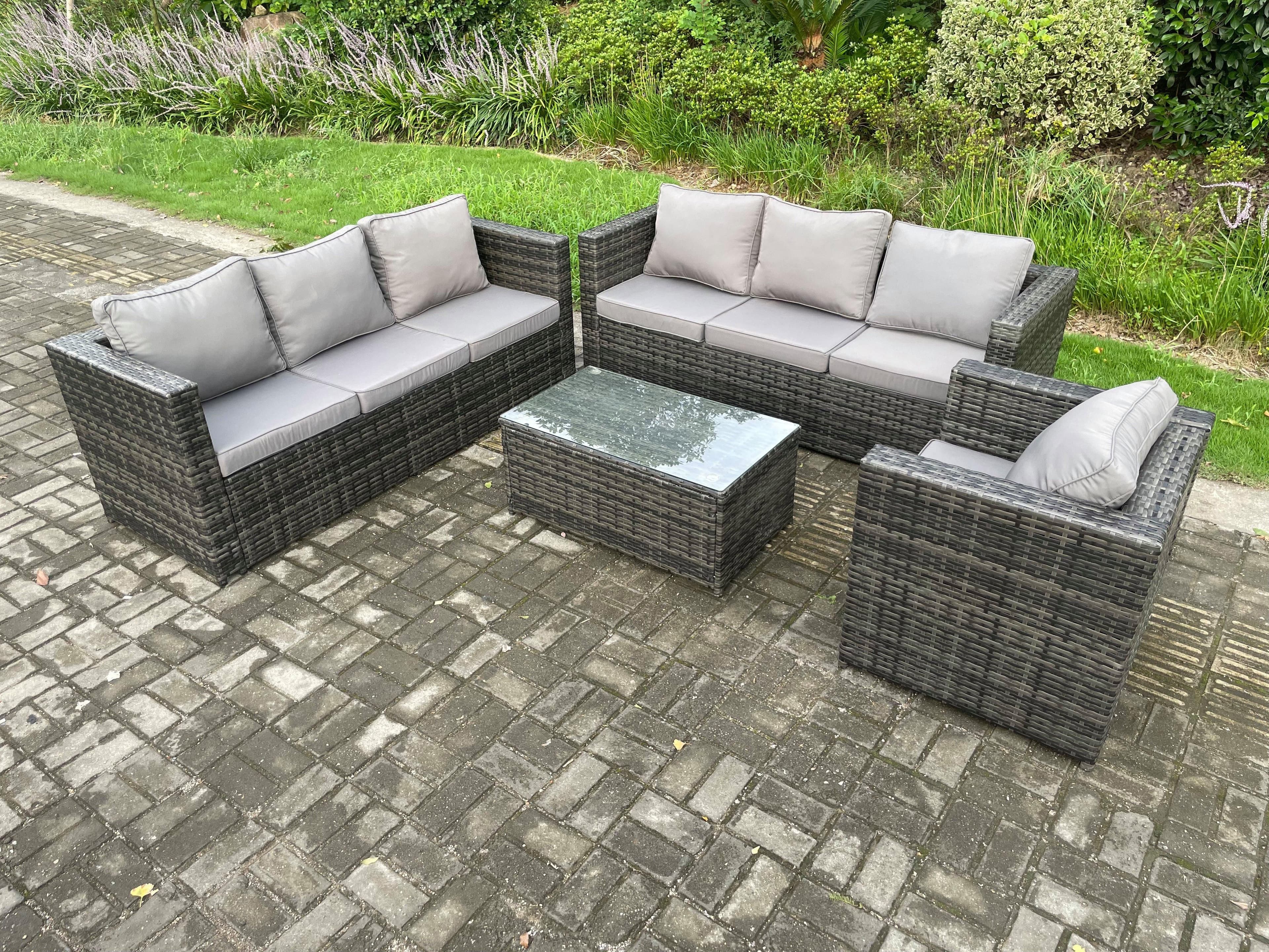 7 Seater Rattan Garden Furniture Set Indoor Outdoor Patio Sofa Set Oblong Coffee Table Armchair Dark Grey Mixed