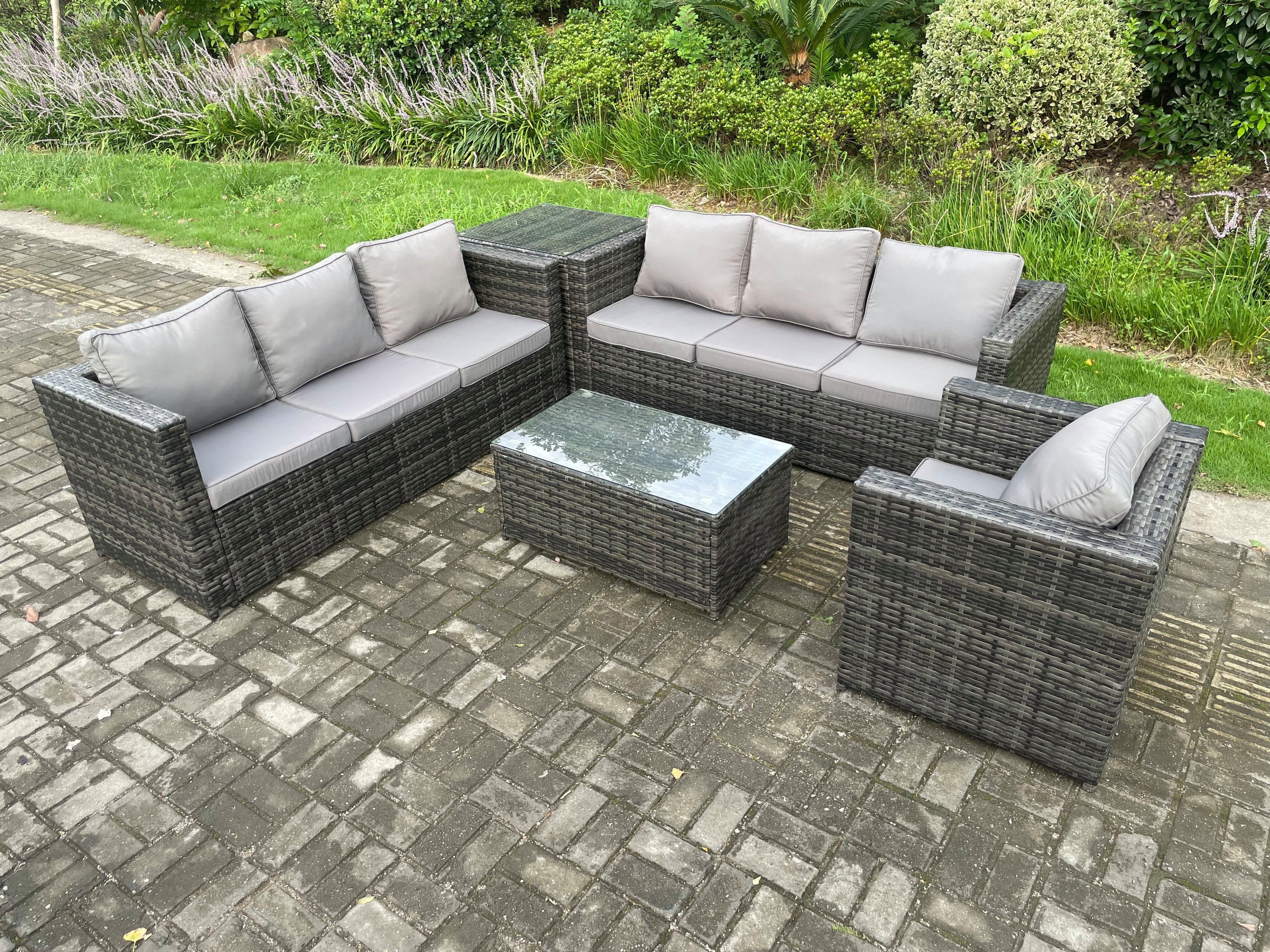 Wicker PE Rattan Sofa Set Outdoor Patio Garden Furniture Armchair Side Table Oblong Coffee Table Dark Grey Mixed