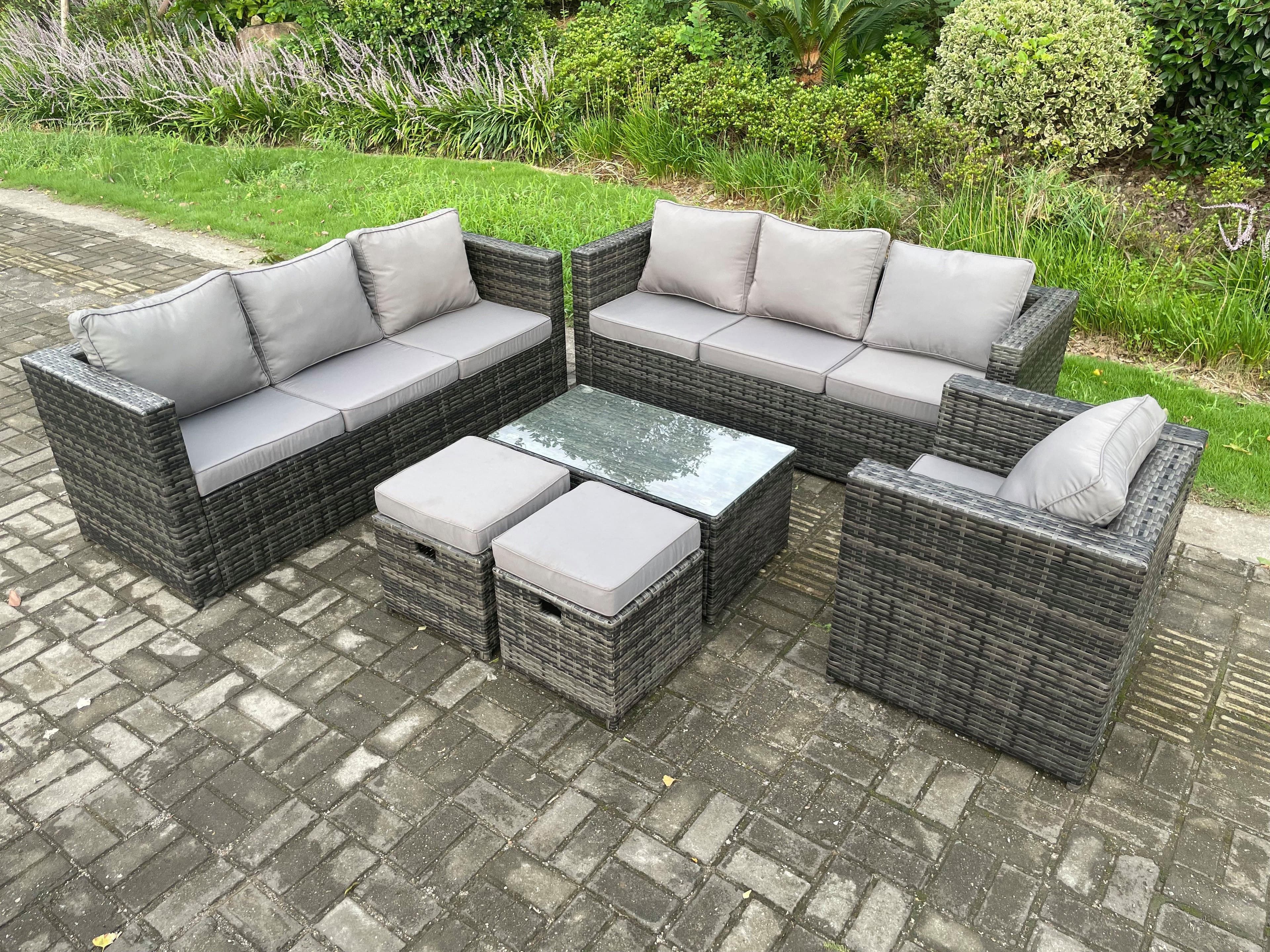 Wicker PE Rattan Sofa Set Outdoor Patio Garden Furniture Armchair Oblong Coffee Table Dark Grey Mixed