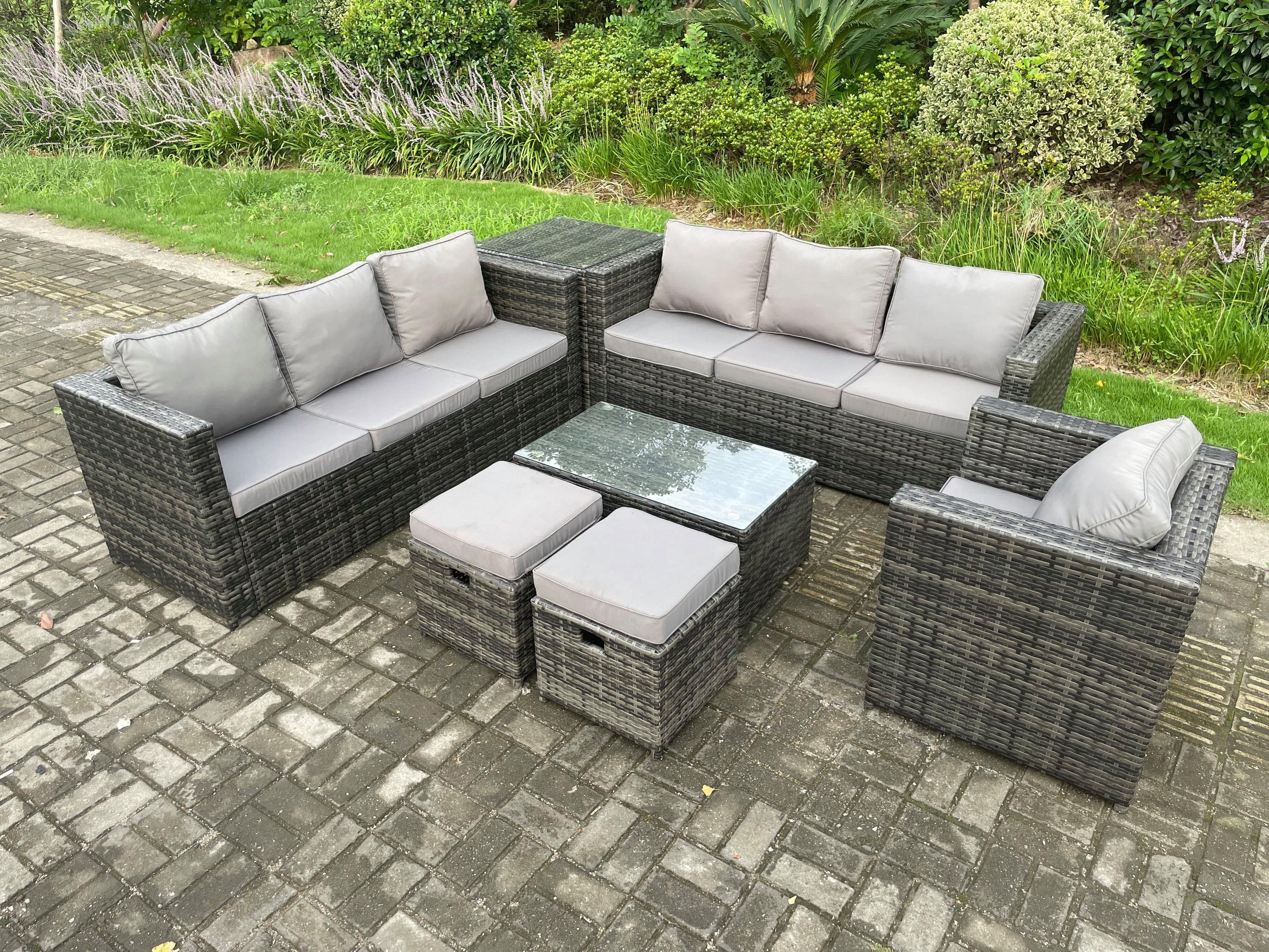 Wicker PE Rattan Sofa Set Outdoor Patio Garden Furniture Armchair Oblong Coffee Table Side Table Dark Grey Mixed