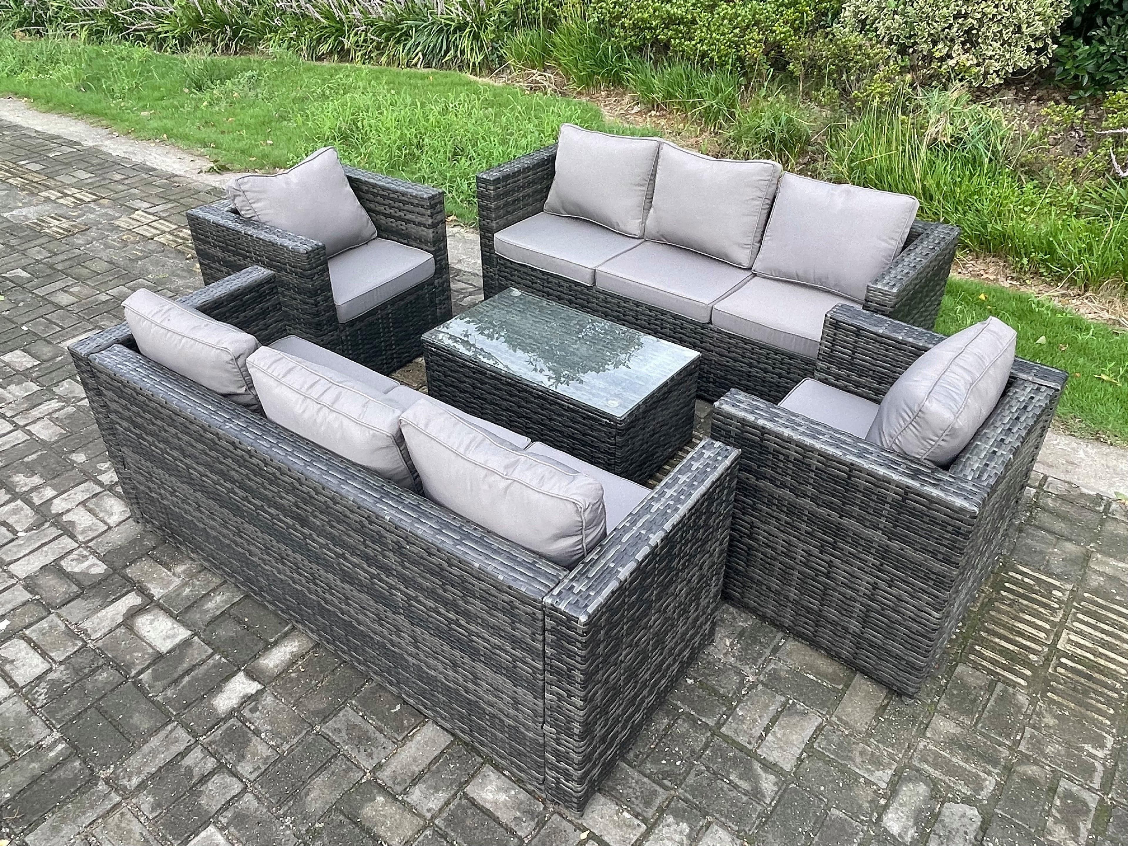 Wicker PE Rattan Sofa Set Outdoor Patio Garden Furniture 2 Armchairs Oblong Coffee Table Dark Grey Mixed