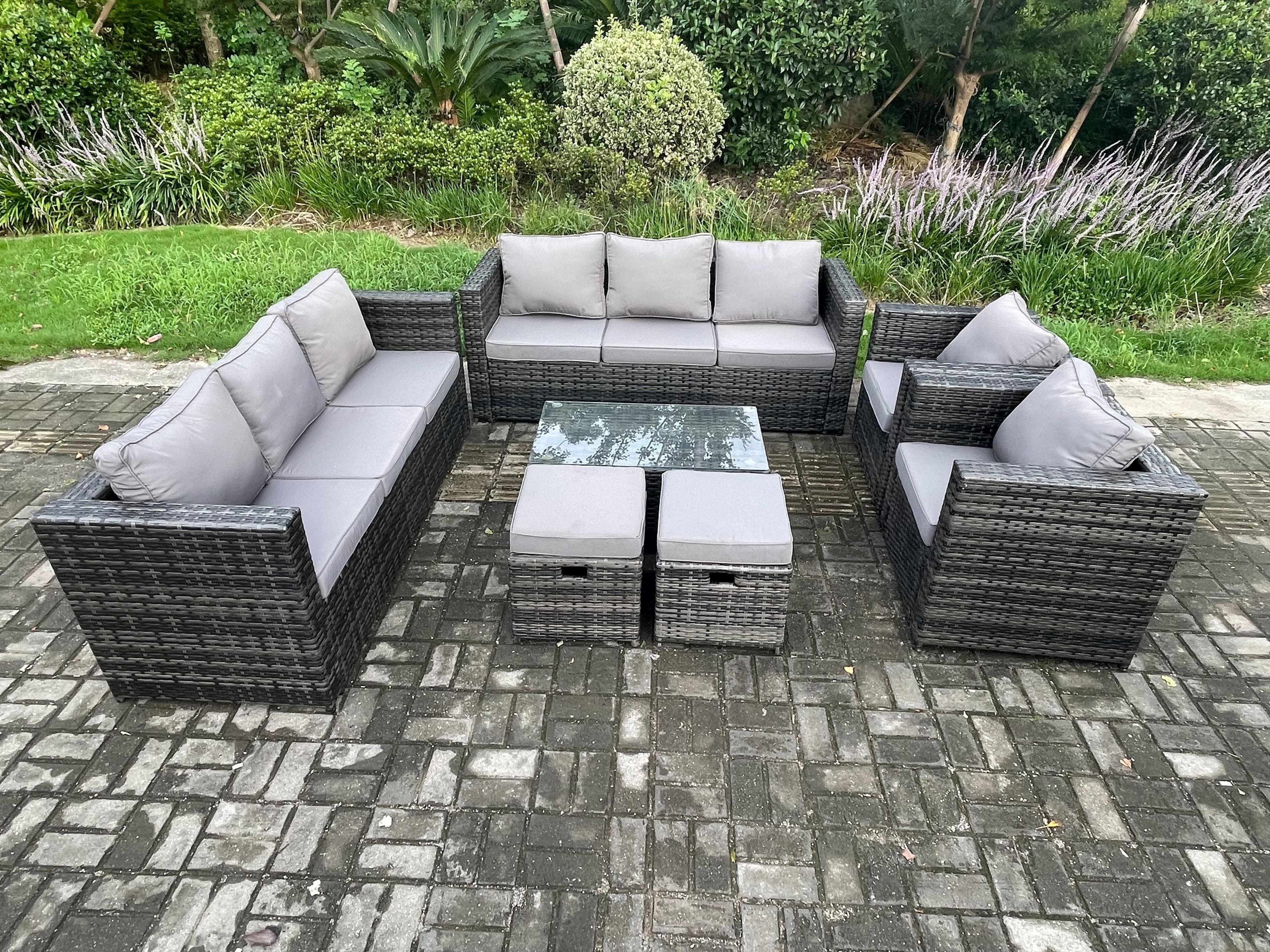Wicker PE Rattan Sofa Set Outdoor Patio Garden Furniture 2 Armchairs Oblong Coffee Table 2 Small Footstools