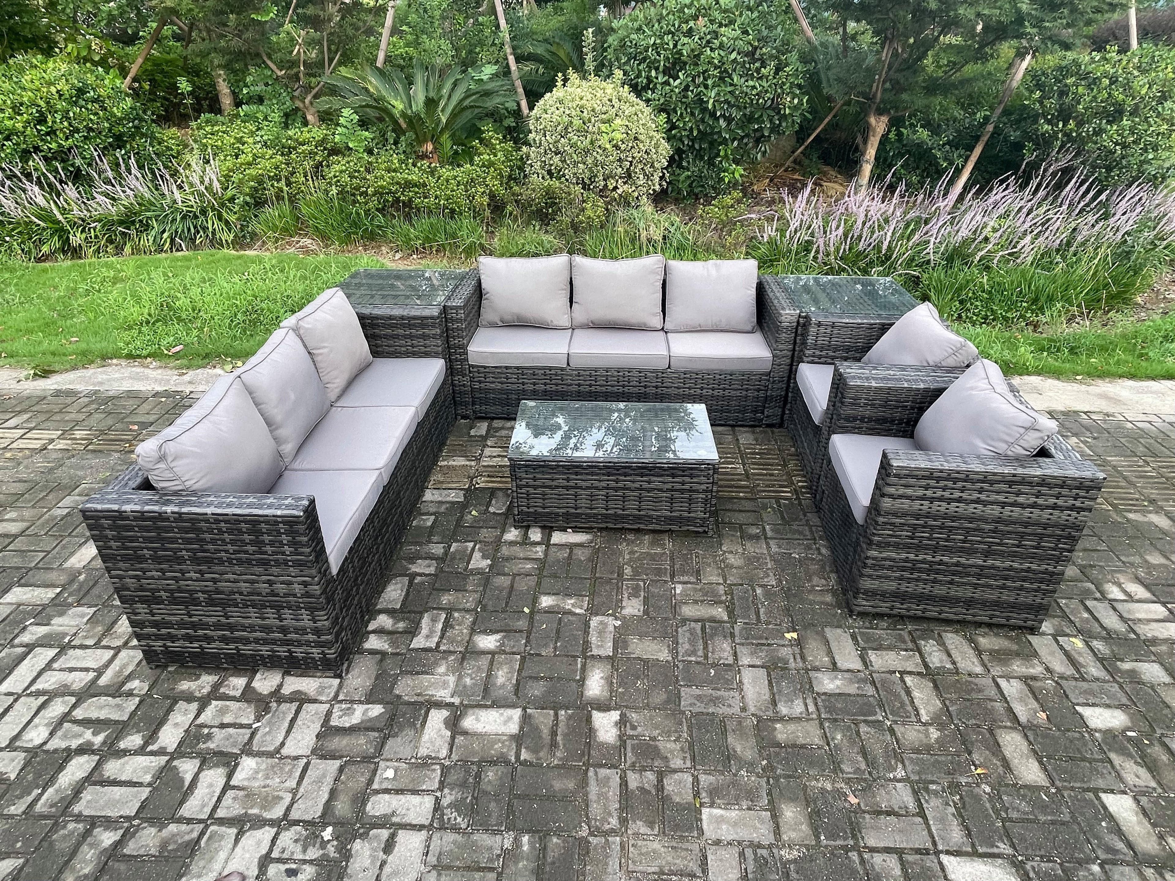 Wicker PE Rattan Sofa Set Outdoor Patio Garden Furniture 2 Armchairs Oblong Coffee Table 2 Side Tables
