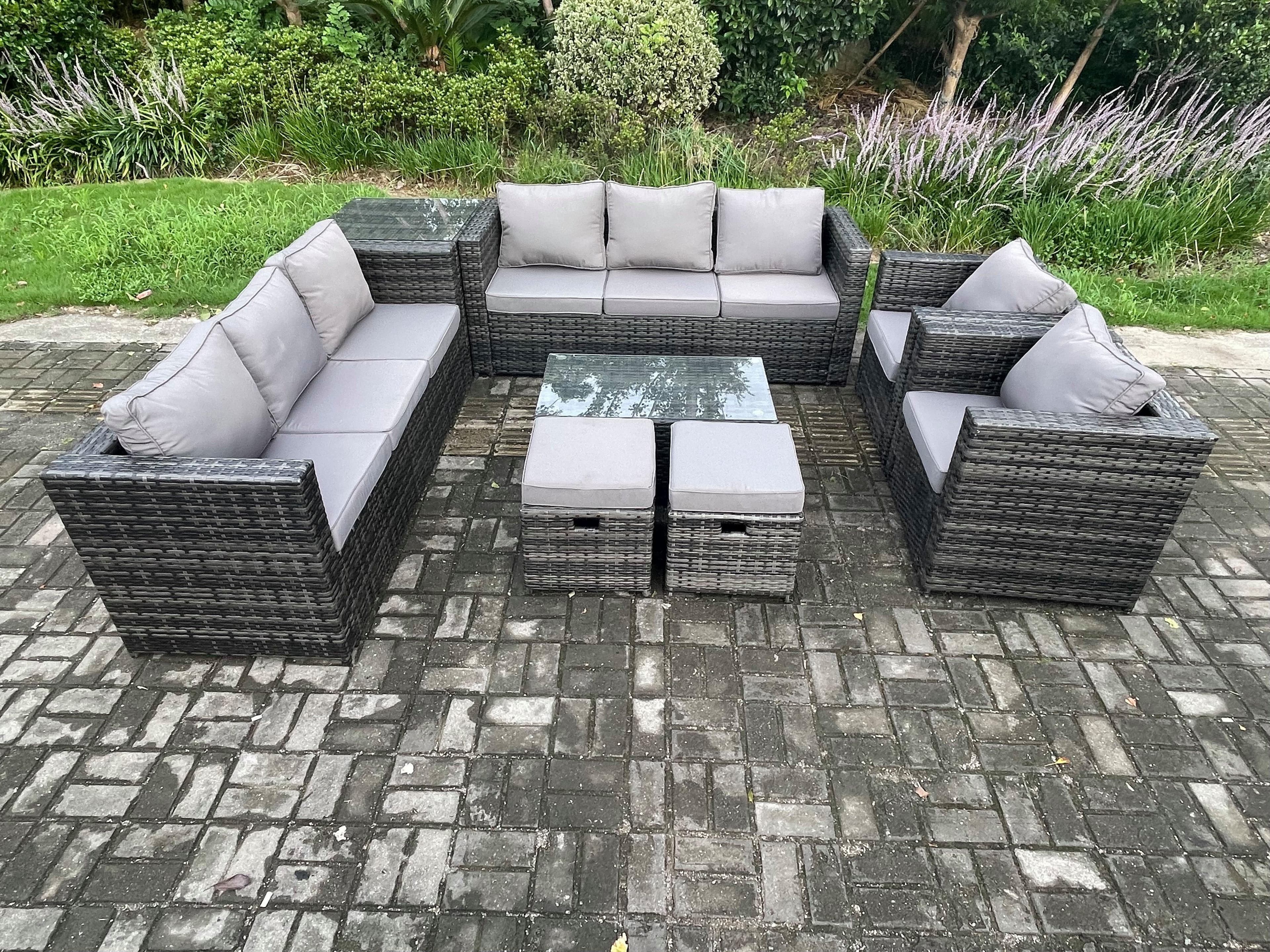 Outdoor Lounge Sofa Set Wicker PE Rattan Garden Furniture Set 2 Armchairs Oblong Coffee Table Side Table
