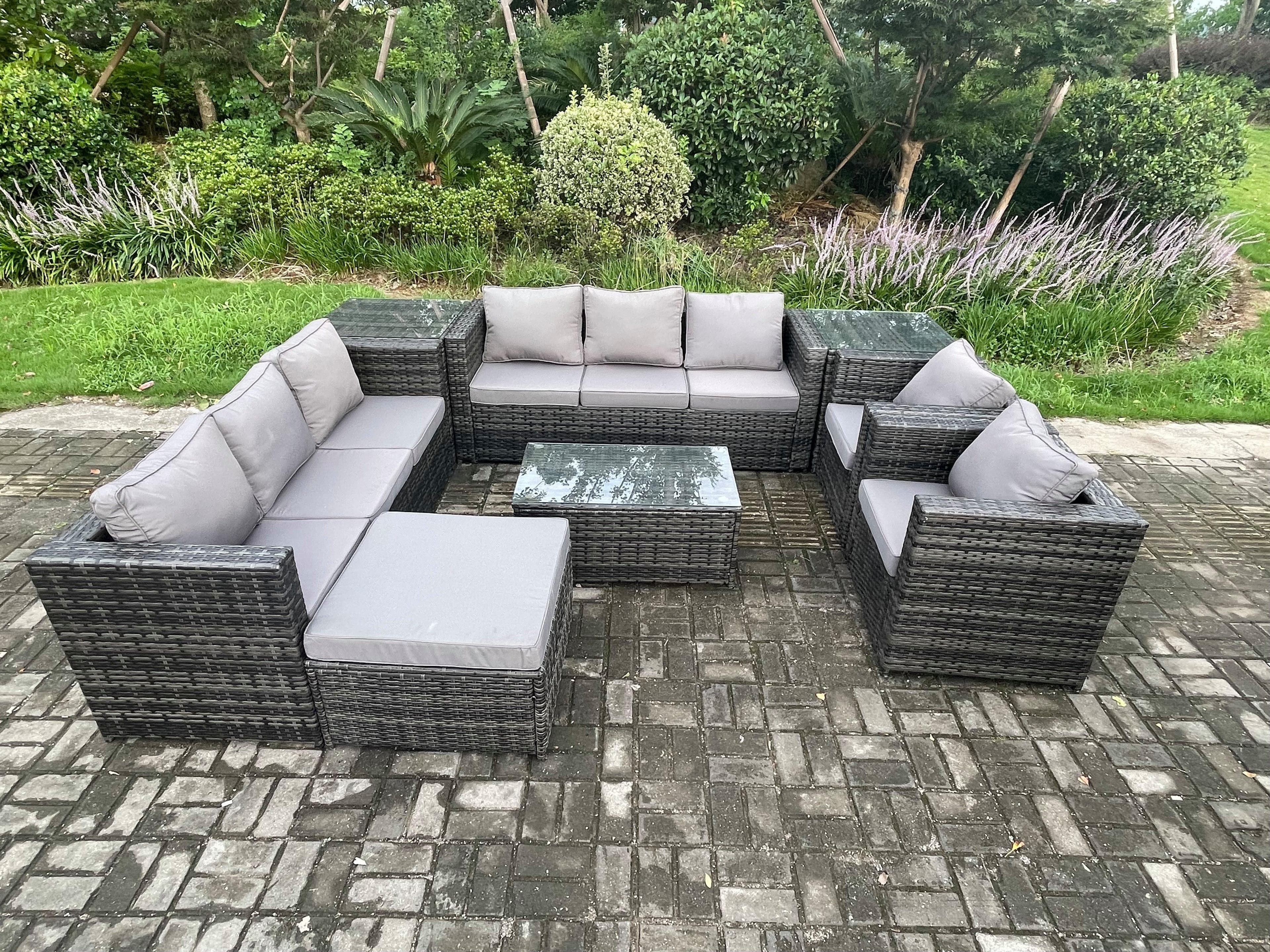 Outdoor Lounge Sofa Set Wicker PE Rattan Garden Furniture Set 2 Armchairs Oblong Coffee Table 2 Side Tables