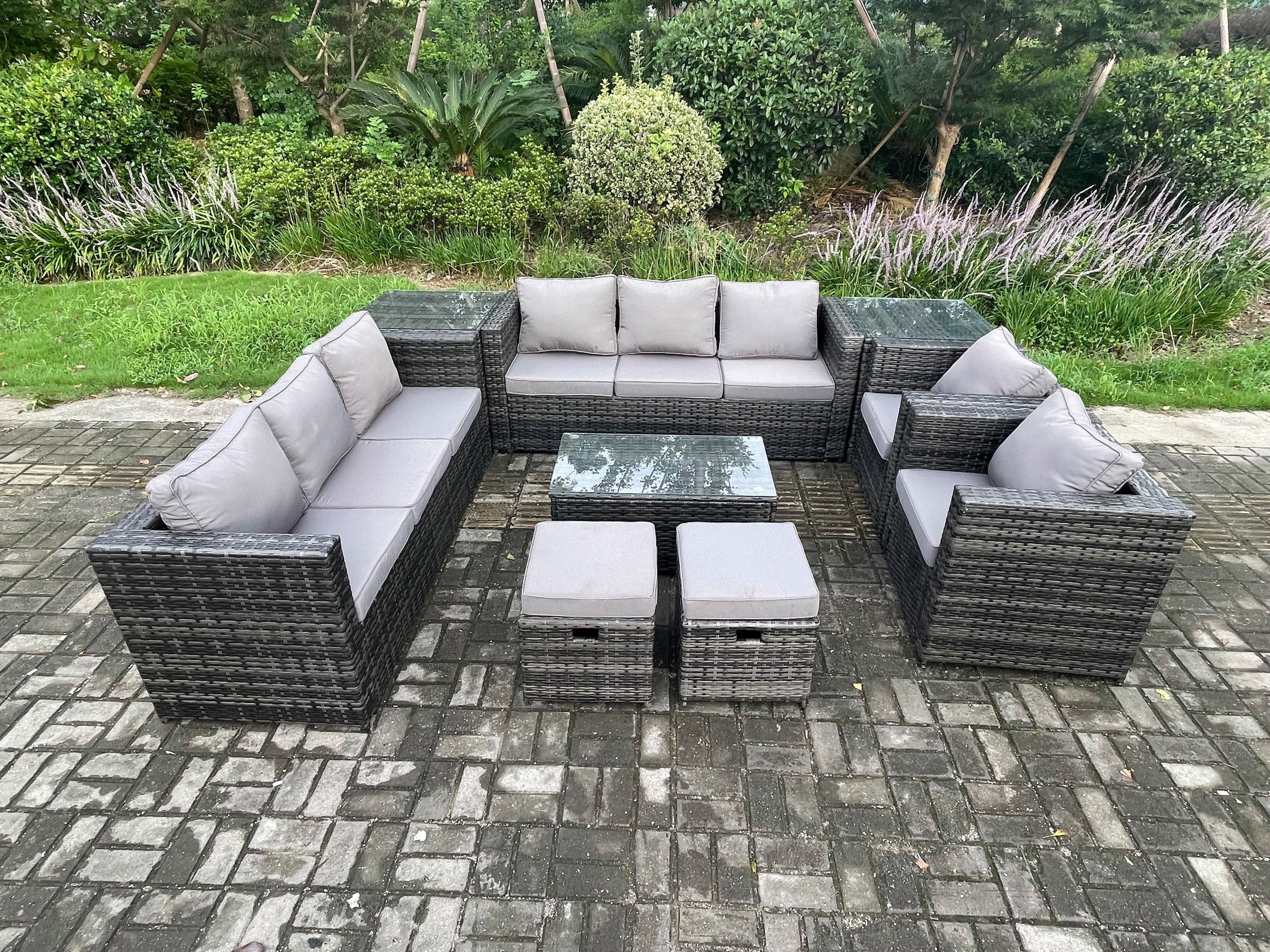 Outdoor Lounge Sofa Set Wicker PE Rattan Garden Furniture Set 2 Armchairs Oblong Coffee Table 2 Small Footstools