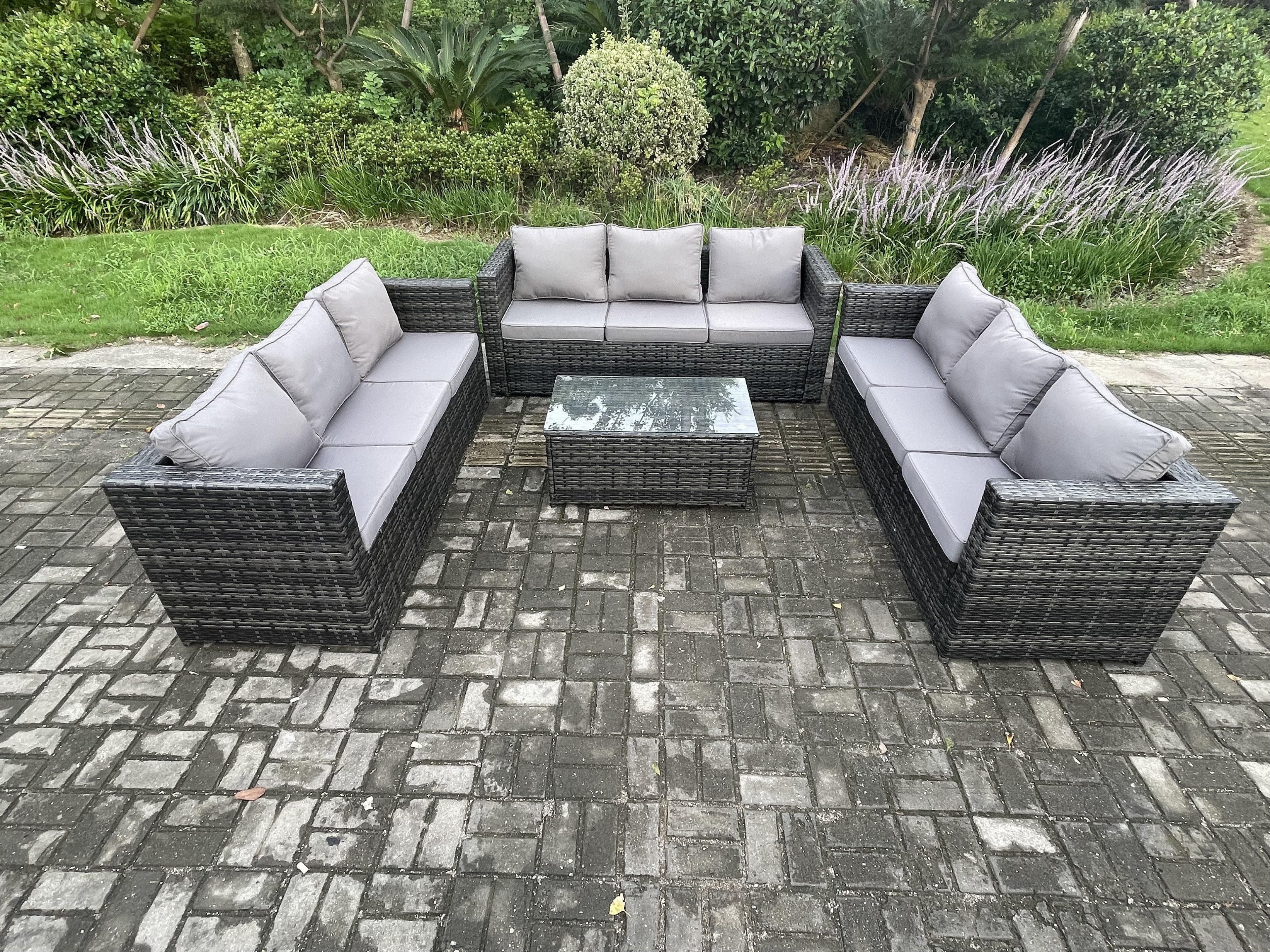 Outdoor Lounge Sofa Set Wicker PE Rattan Garden Furniture Set Oblong Coffee Table Dark Grey Mixed
