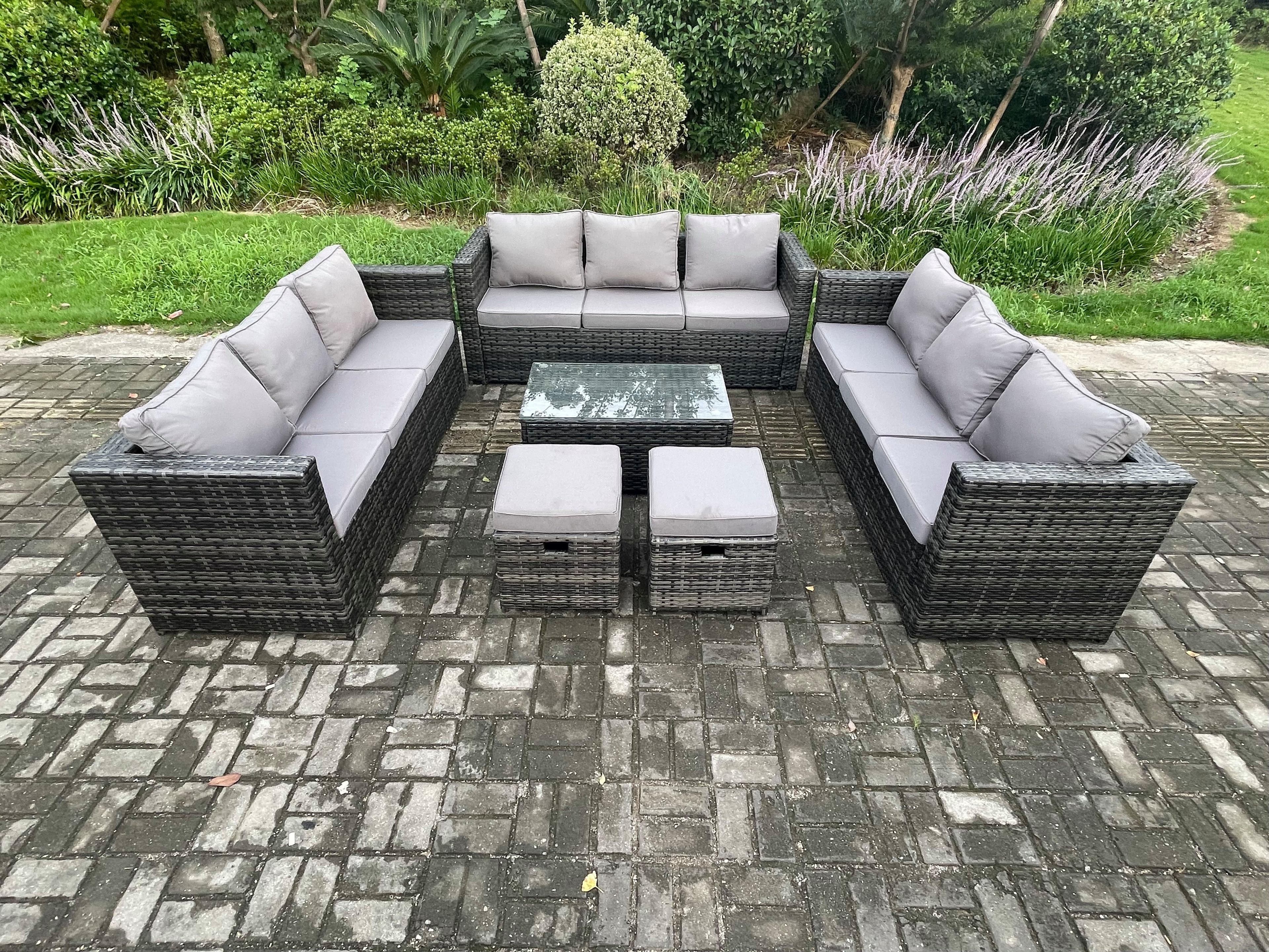 Outdoor Lounge Sofa Set Wicker PE Rattan Garden Furniture Set Oblong Coffee Table 2 Small Footstools