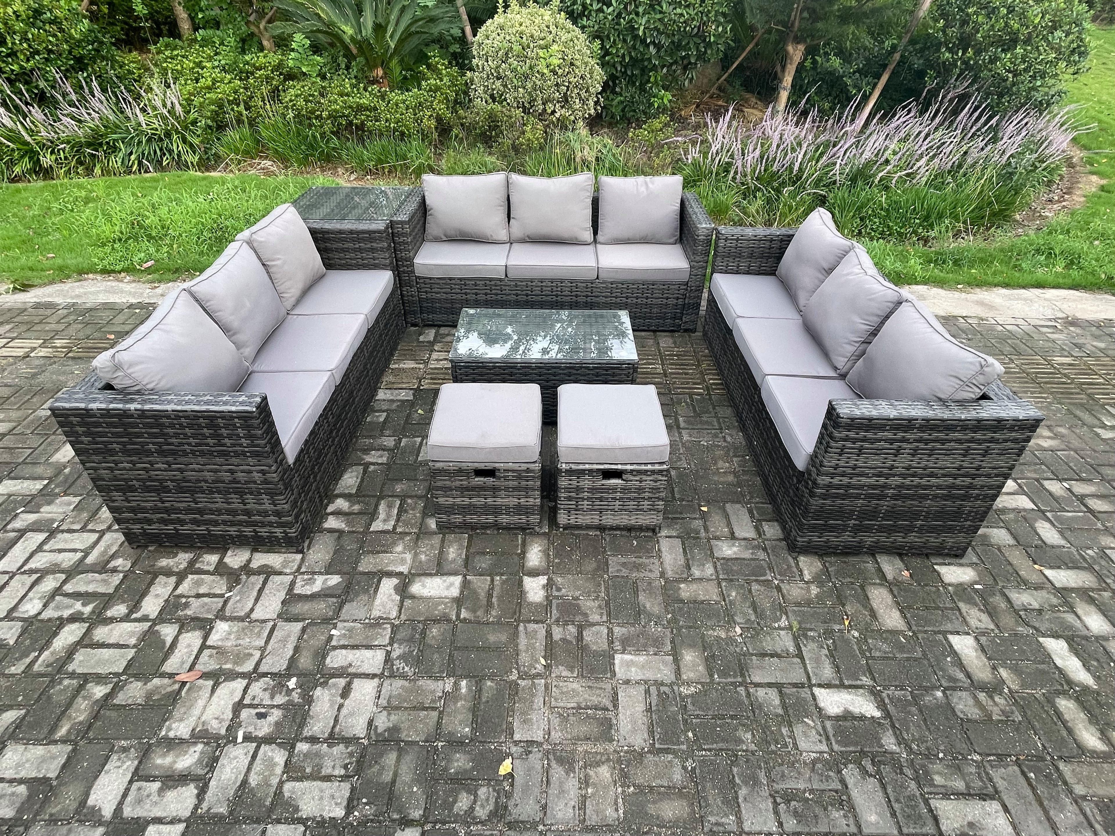 Outdoor Lounge Sofa Set Wicker PE Rattan Garden Furniture Set Oblong Coffee Table Side Table 2 Small Footstools