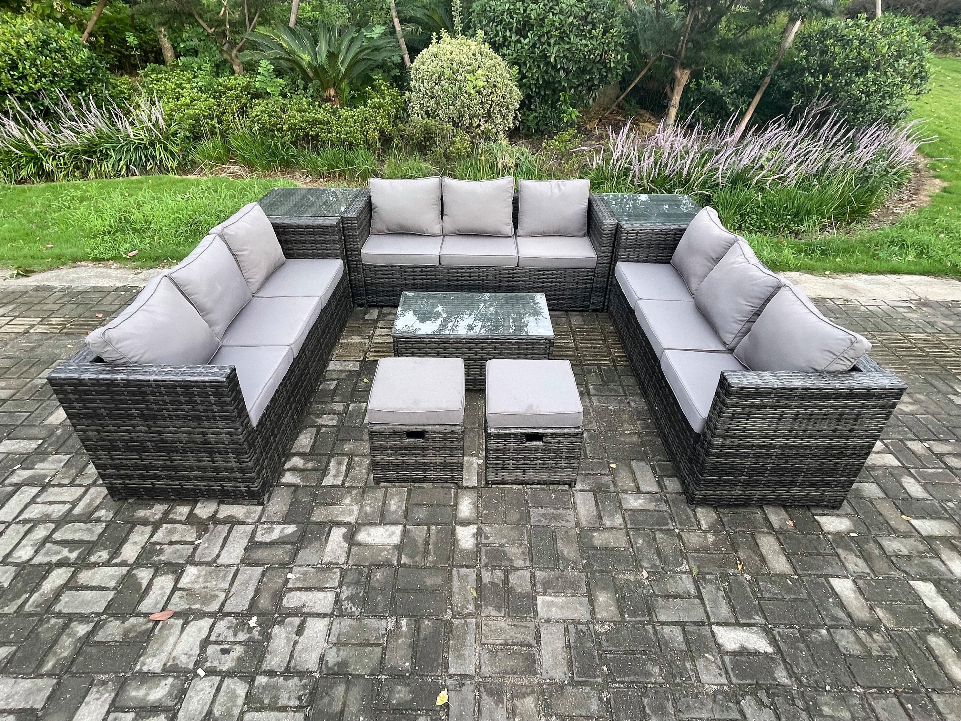 11Seater Outdoor Lounge Sofa Set Wicker PE Rattan Garden Furniture Set Oblong Coffee Table 2 Small Footstools Dark Grey Mixed