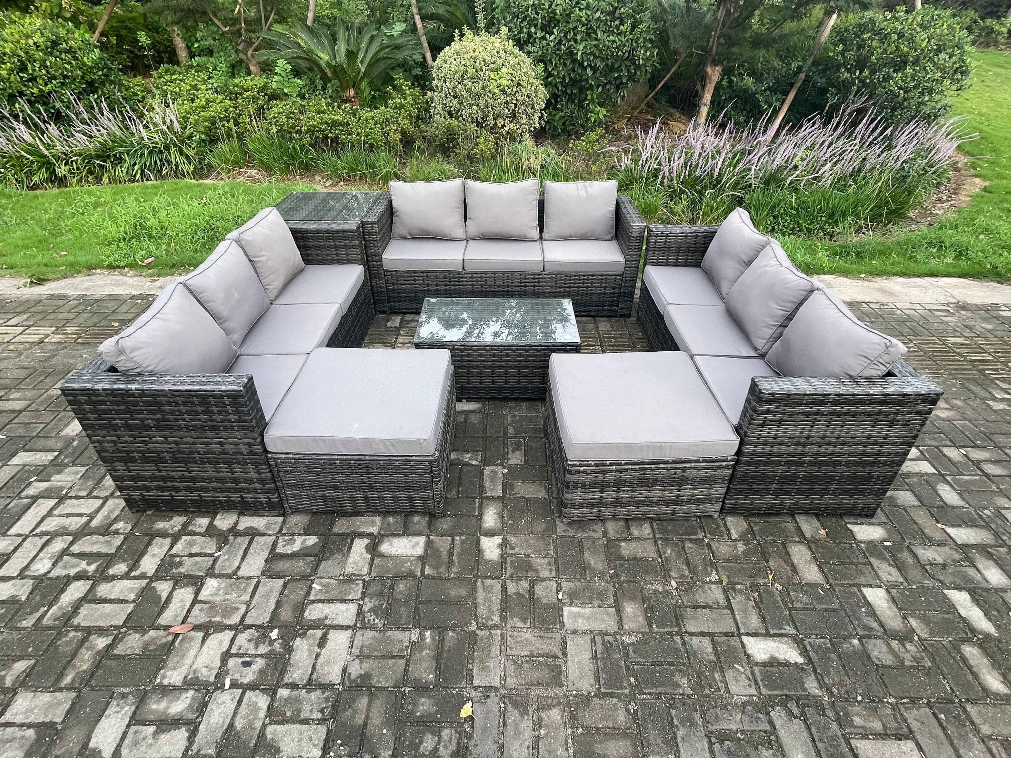 Outdoor Lounge Sofa Set Wicker PE Rattan Garden Furniture Set Oblong Coffee Table Side Table 2 Big Footstool Dark Grey Mixed