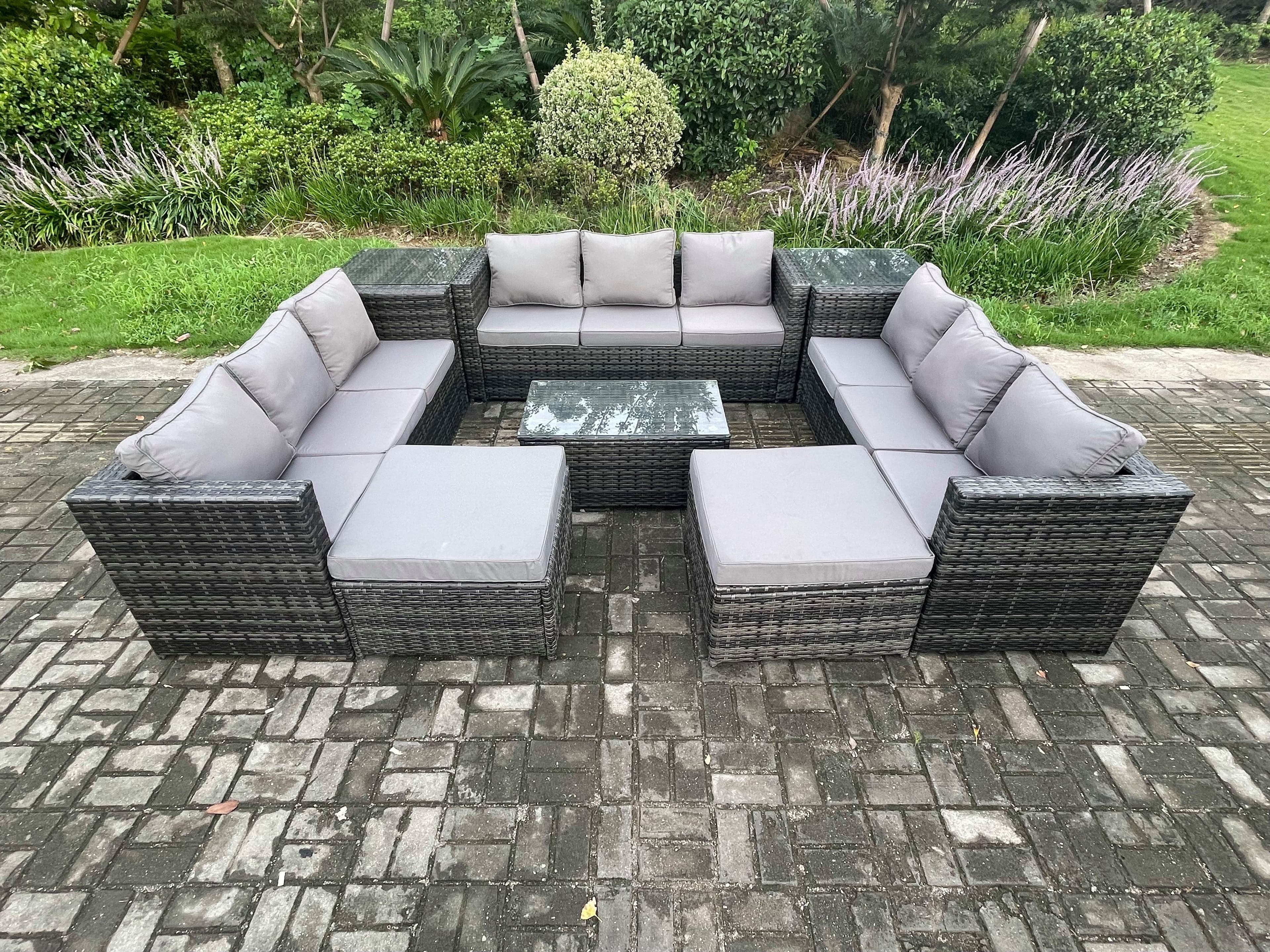 Outdoor Lounge Sofa Set Wicker PE Rattan Garden Furniture Set Oblong Coffee Table 2 Side Tables 2 Big Footstool 11Seater
