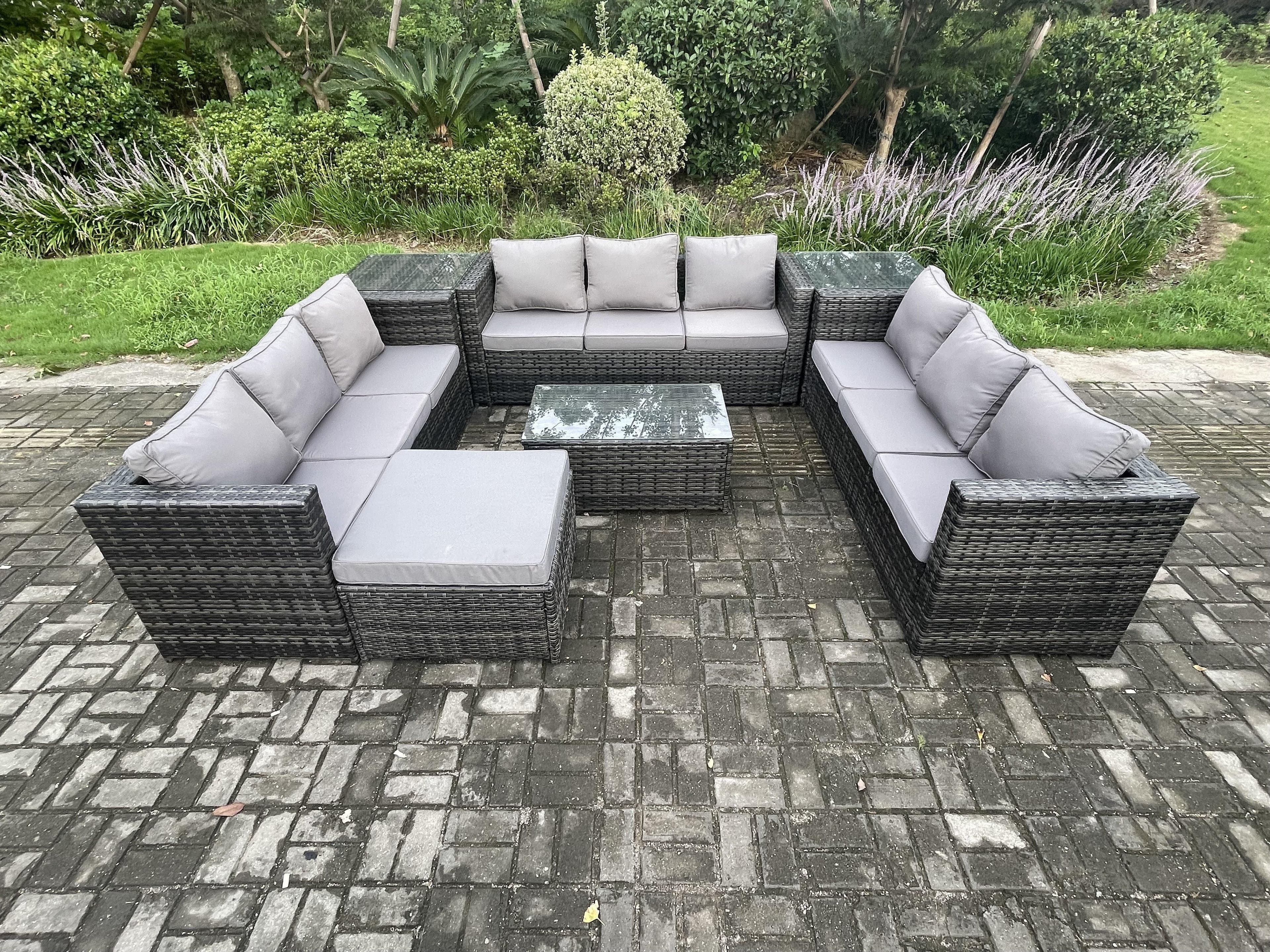 10 Seater Outdoor Lounge Sofa Set Wicker PE Rattan Garden Furniture Set Oblong Coffee Table 2 Side Tables Big Footstool
