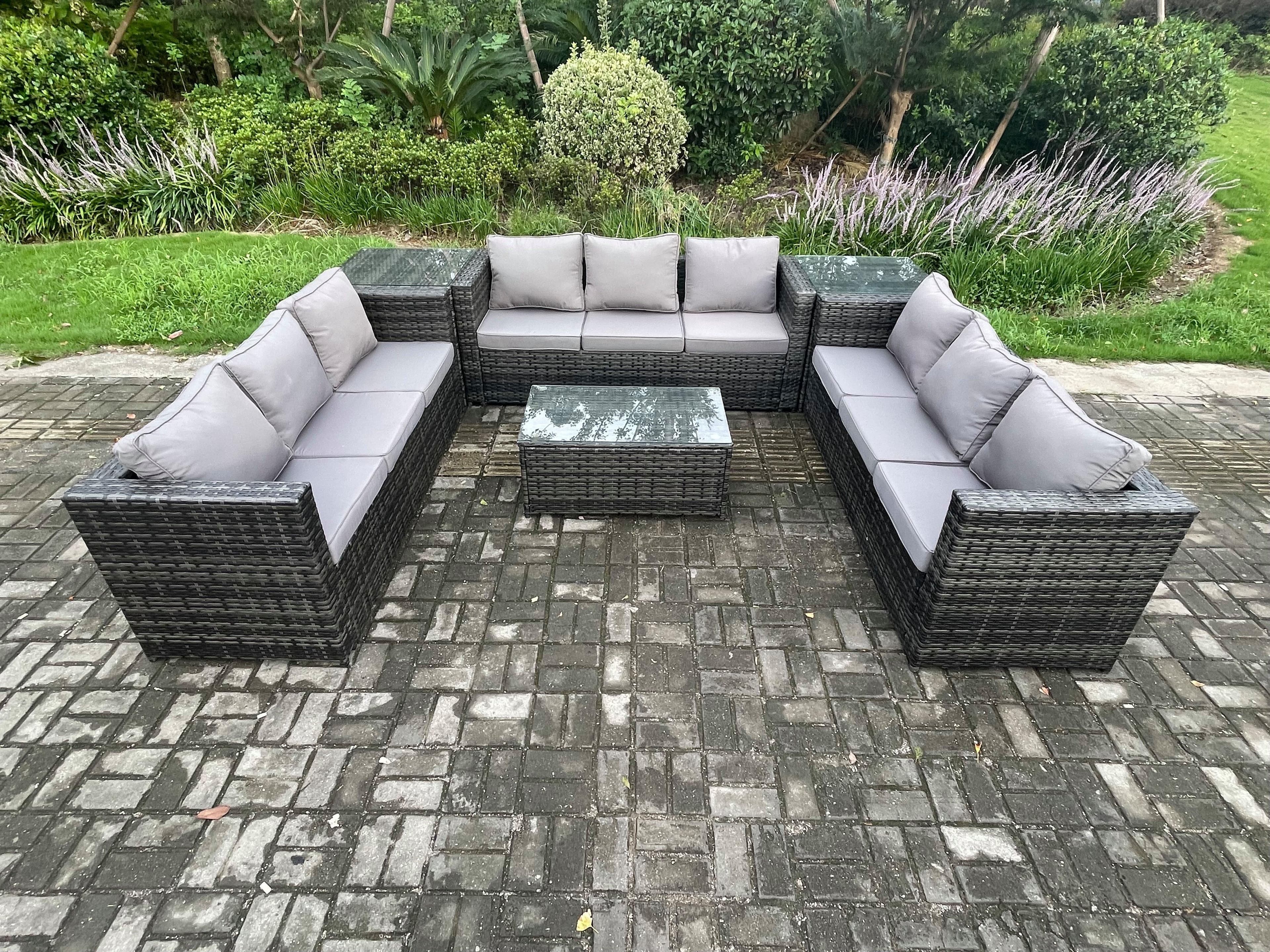 9 Seater Outdoor Lounge Sofa Set Wicker PE Rattan Garden Furniture Set Oblong Coffee Table 2 Side Tables Dark Grey Mixed