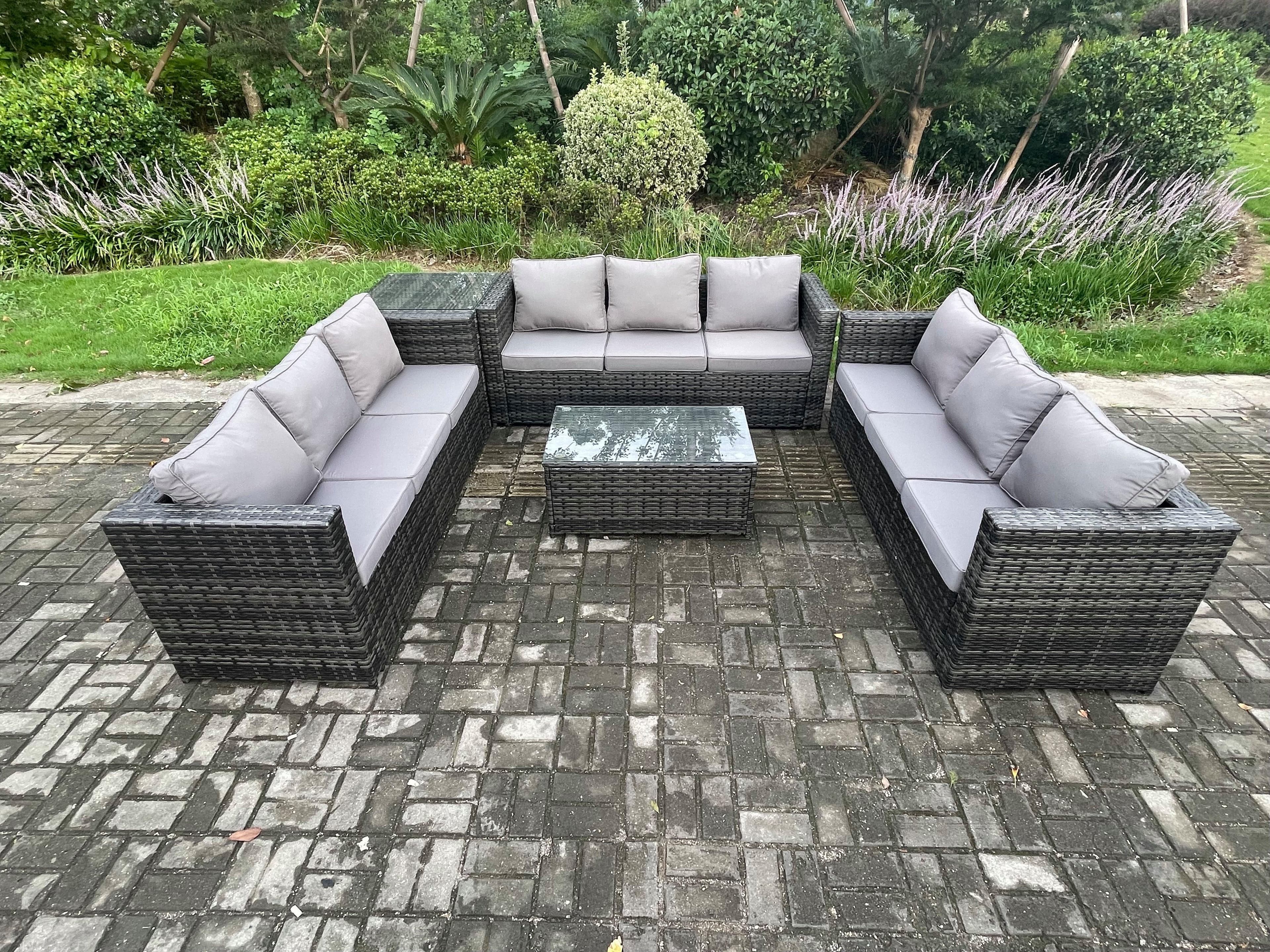 9 Seater Outdoor Lounge Sofa Set Wicker PE Rattan Garden Furniture Set Oblong Coffee Table Side Table Dark Grey Mixed