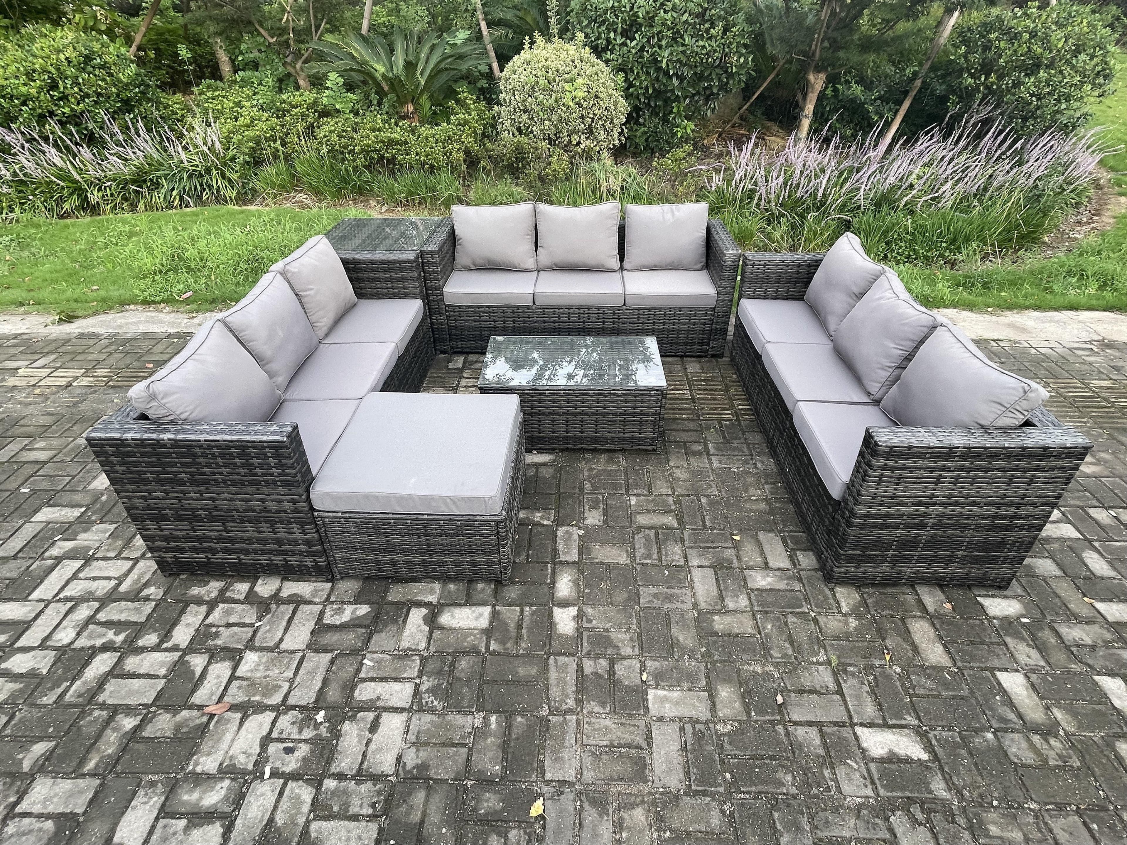 10 Seater Outdoor Lounge Sofa Set Wicker PE Rattan Garden Furniture Set Oblong Coffee Table Side Table Big Footstool Dark Grey Mixed