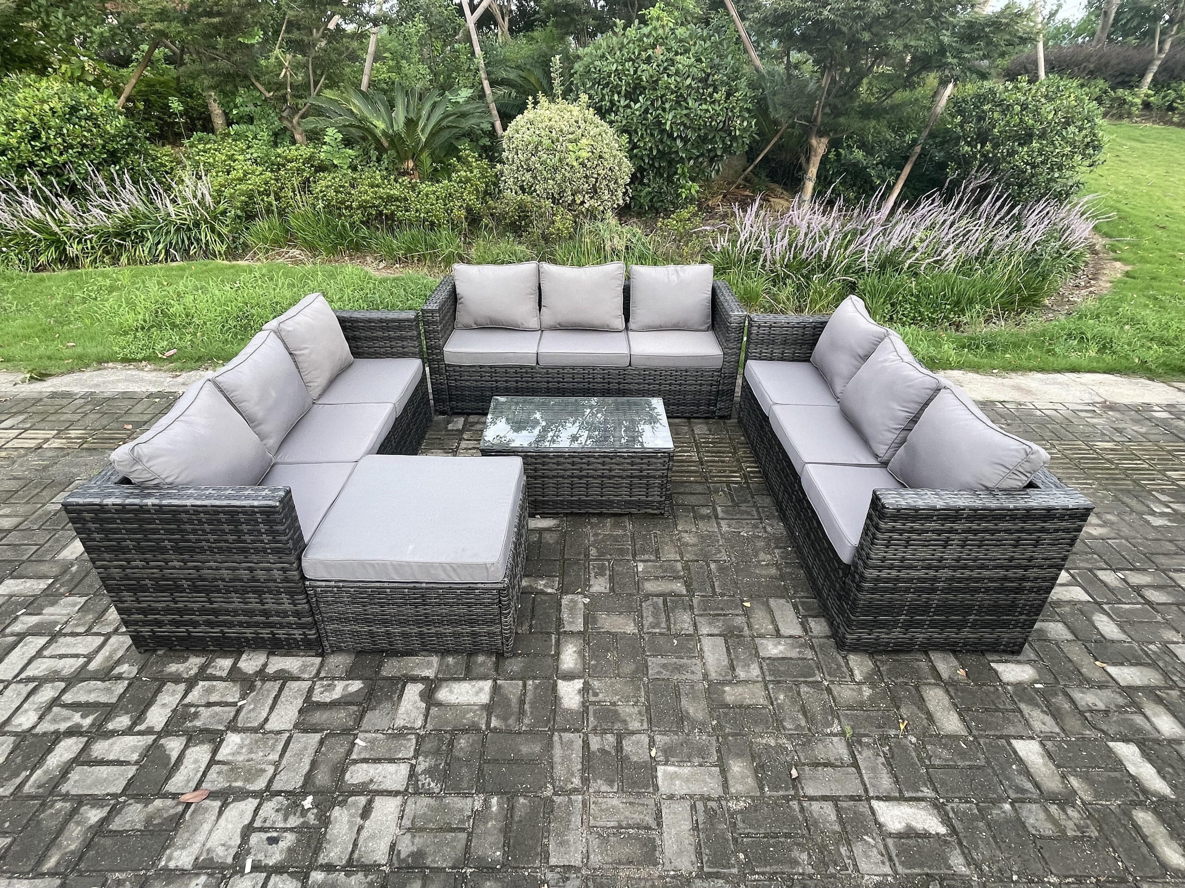 Outdoor Lounge Sofa Set Wicker PE Rattan Garden Furniture Set Oblong Coffee Table Big Footstool Dark Grey Mixed