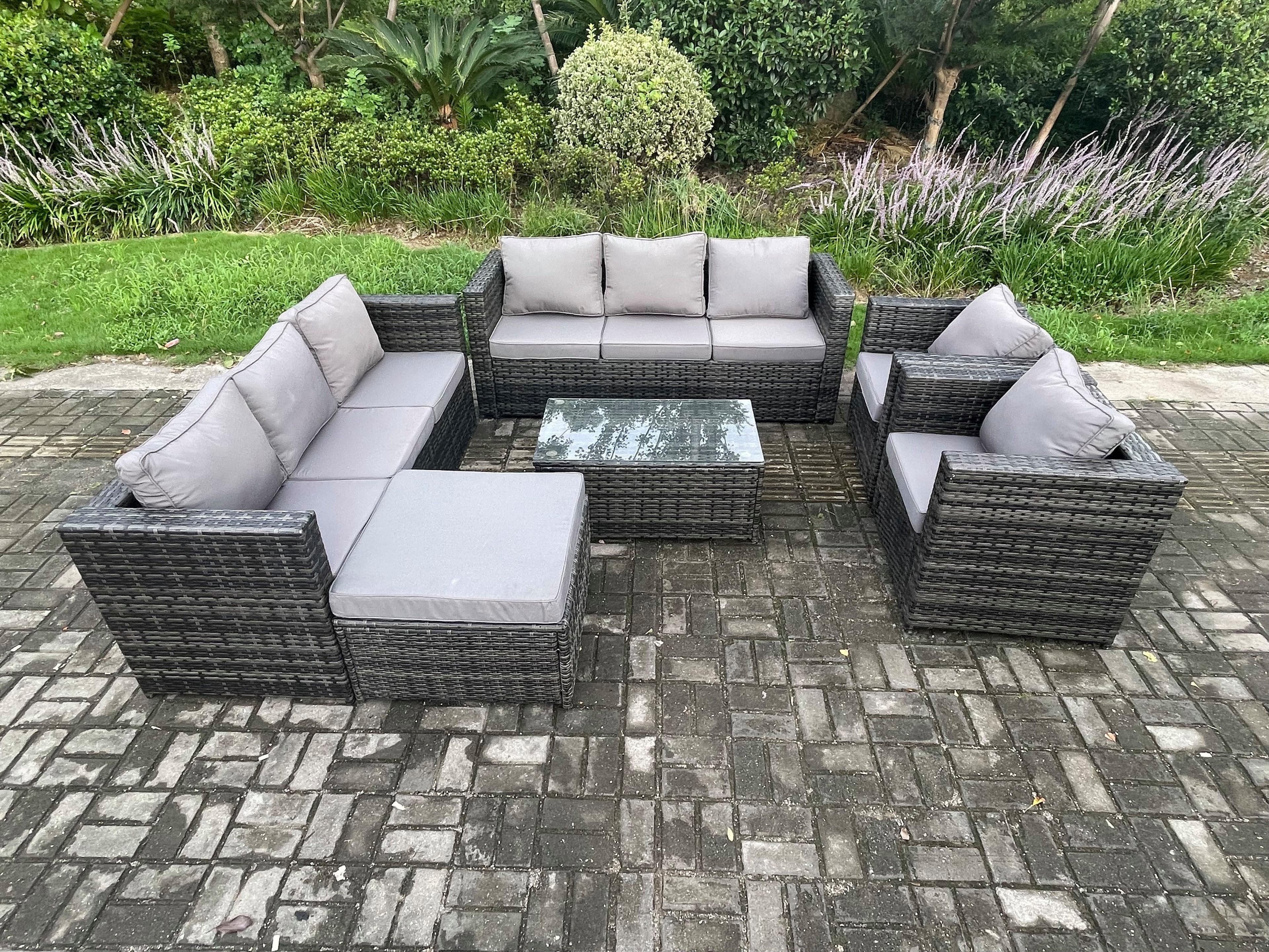 Outdoor Lounge Sofa Set Wicker PE Rattan Garden Furniture Set 2 Armchair Oblong Coffee Table Big Footstool Dark Grey Mixed