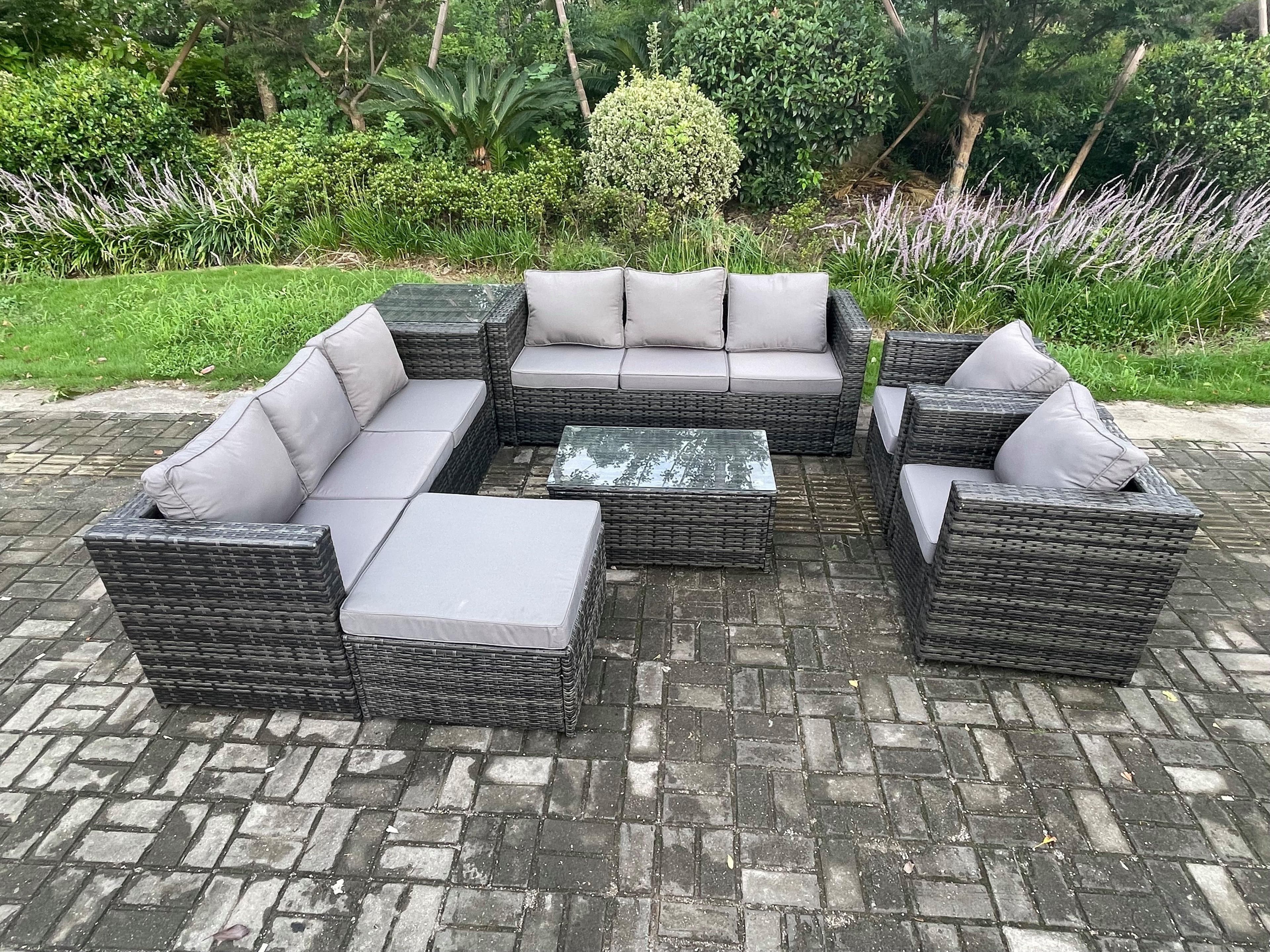 9 Seater Outdoor Lounge Sofa Set Wicker PE Rattan Garden Furniture Set 2 Armchair Oblong Coffee Table Side Table Big Footstool