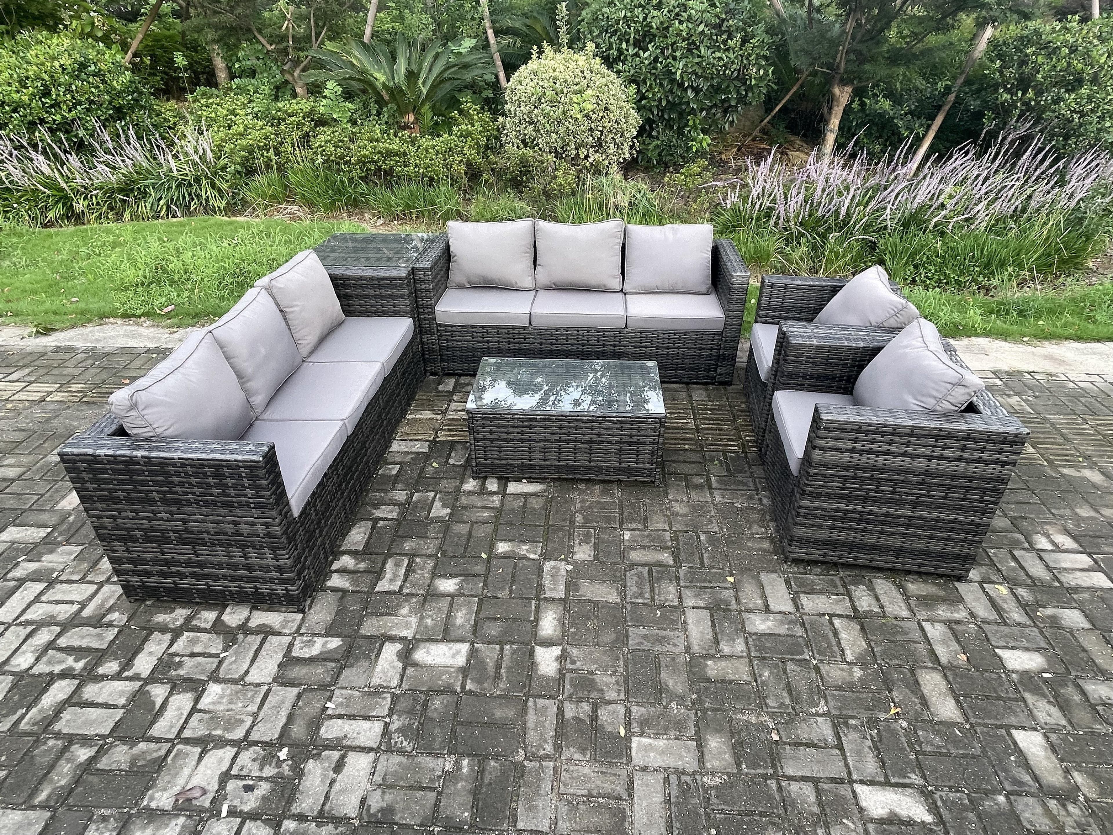 8 Seater Outdoor Lounge Sofa Set Wicker PE Rattan Garden Furniture Set 2 Armchair Oblong Coffee Table Side Table Dark Grey Mixed