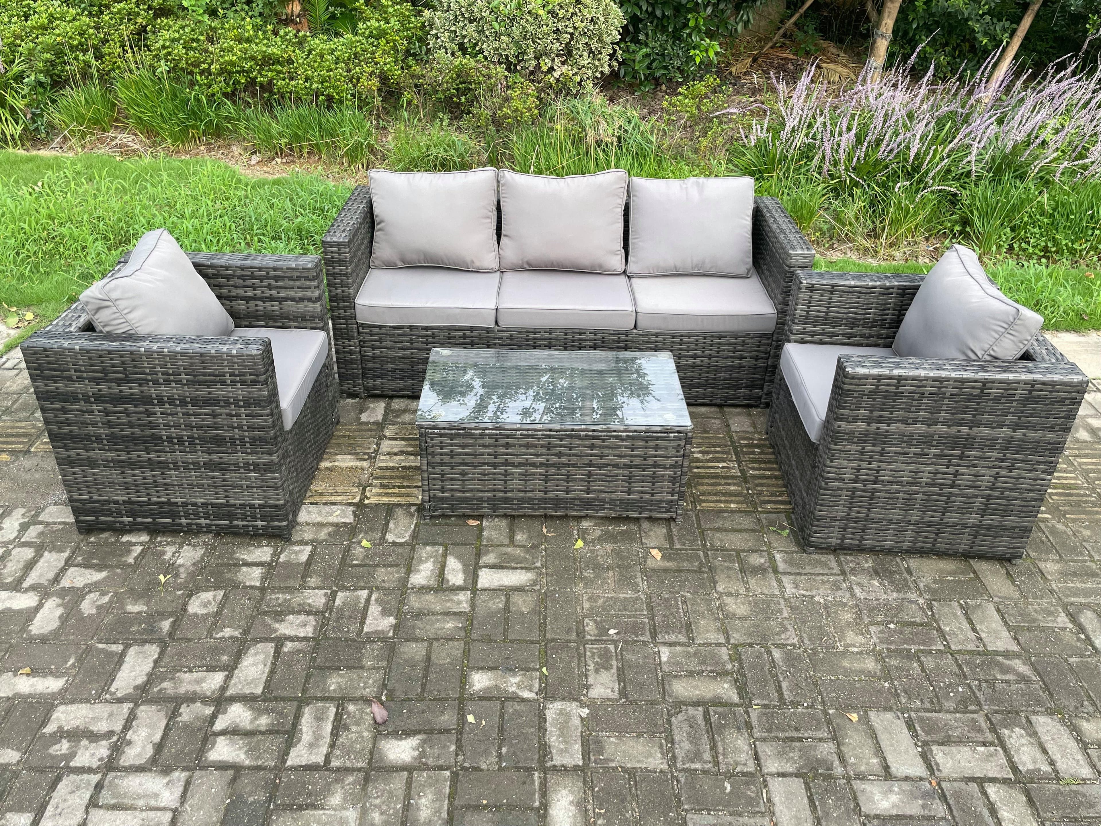 5 Seater Outdoor Lounge Sofa Set Wicker PE Rattan Garden Furniture Set 2 Armchair Oblong Coffee Table Dark Grey Mixed